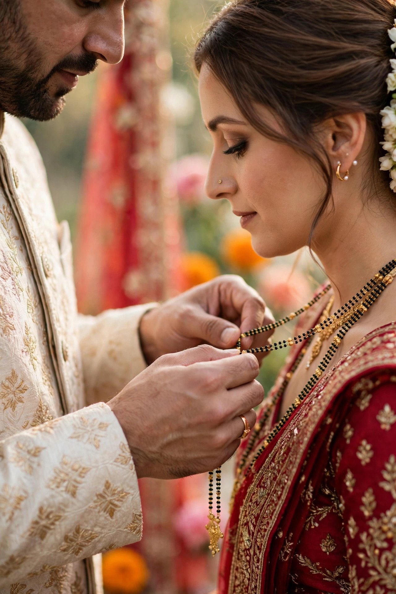 A groom tying a mangalsutra necklace of black and gold beads around the bride's neck