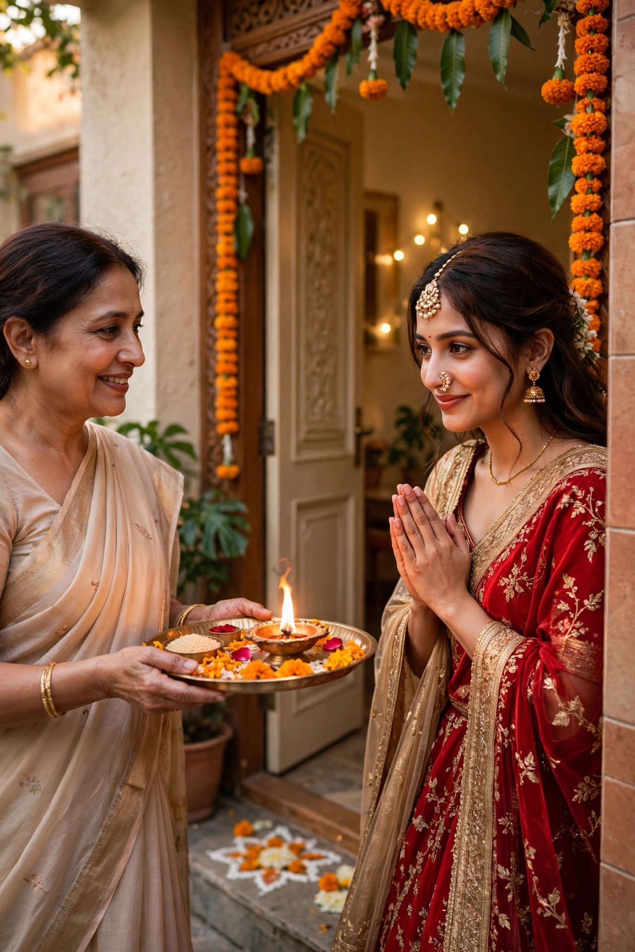 A bride being welcomed at the doorway of her new home with an aarti lamp