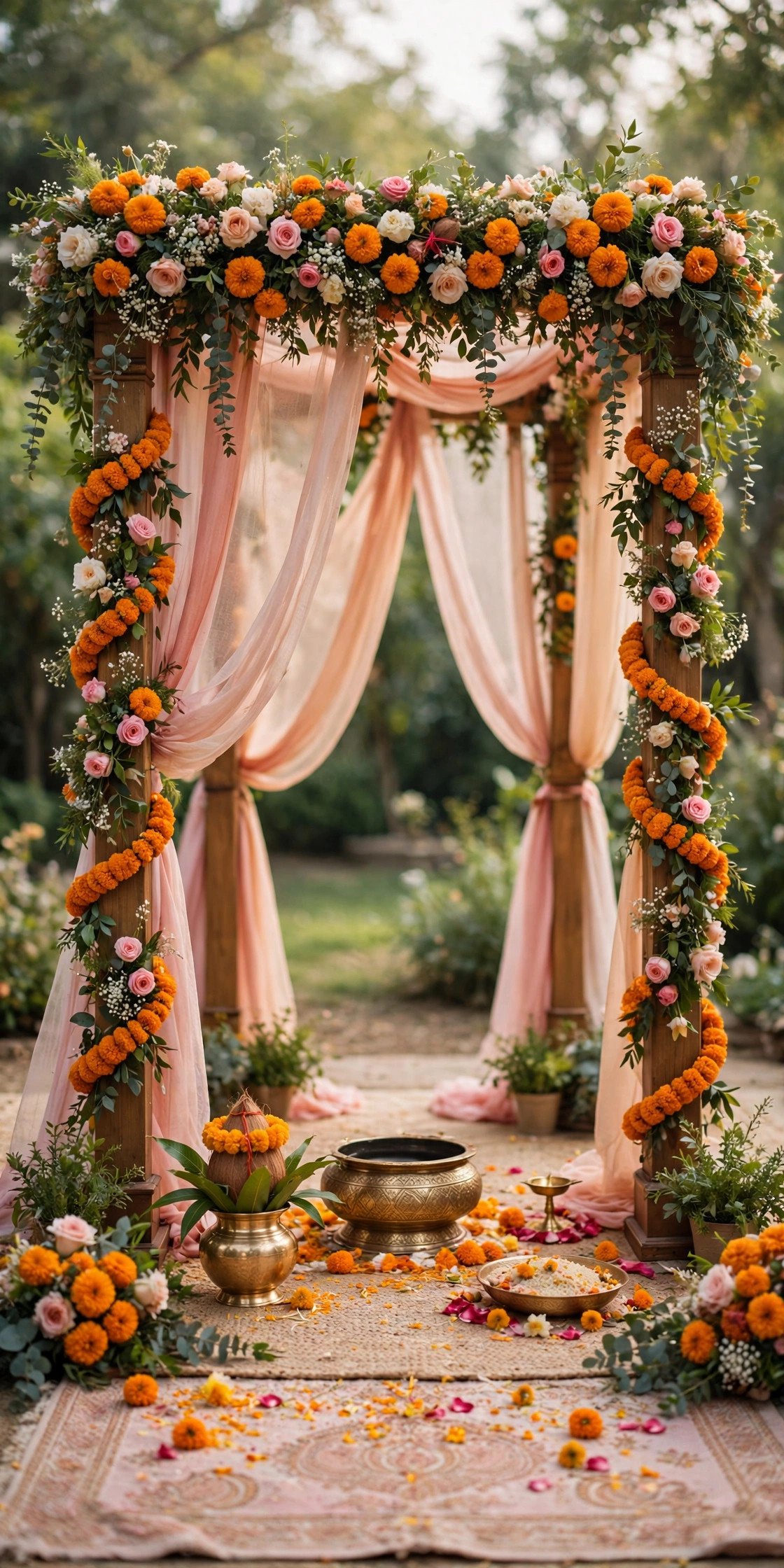 A flower-covered mandap with four pillars set up for a Hindu wedding ceremony