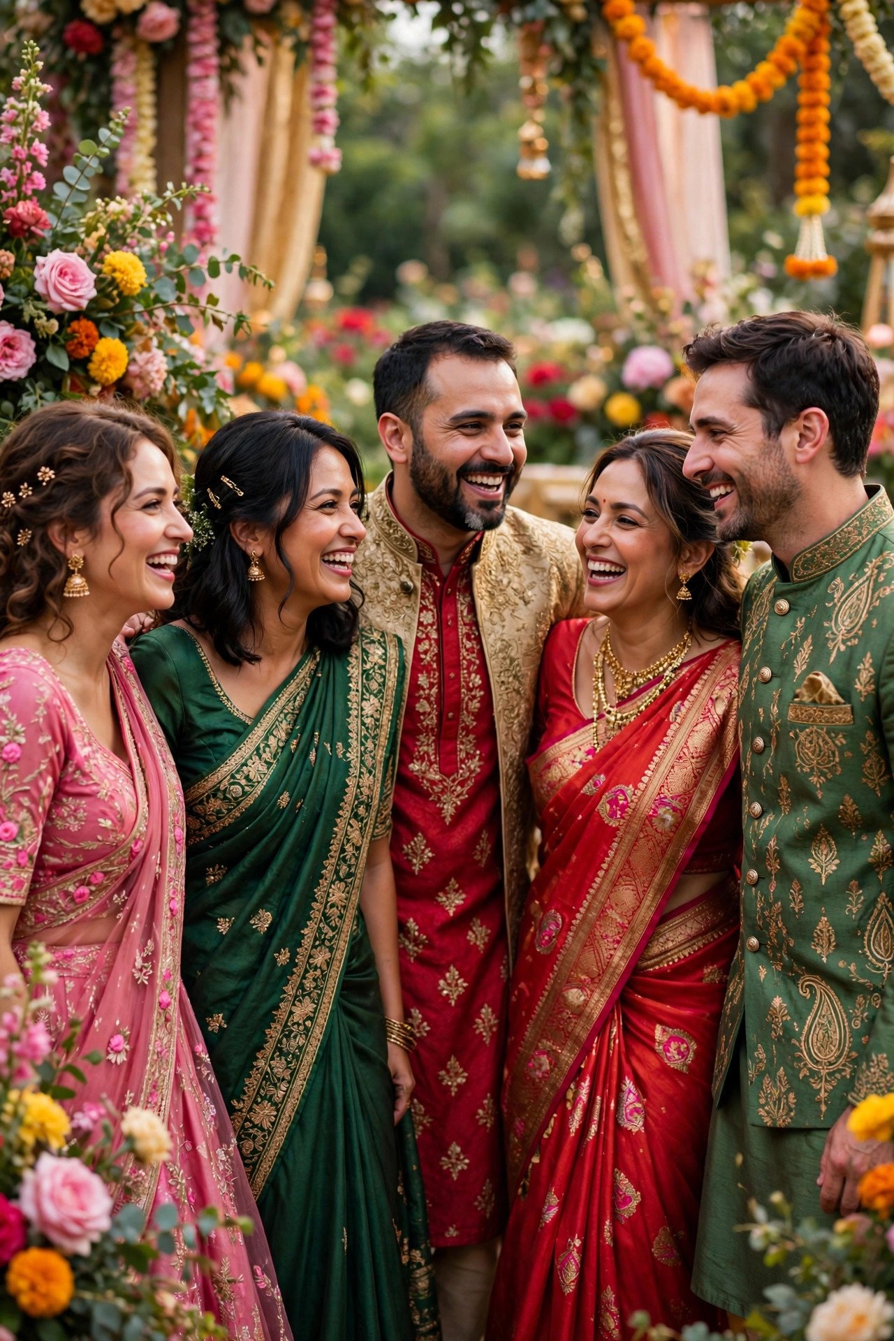 Wedding guests in vibrant red, gold, pink and green traditional outfits