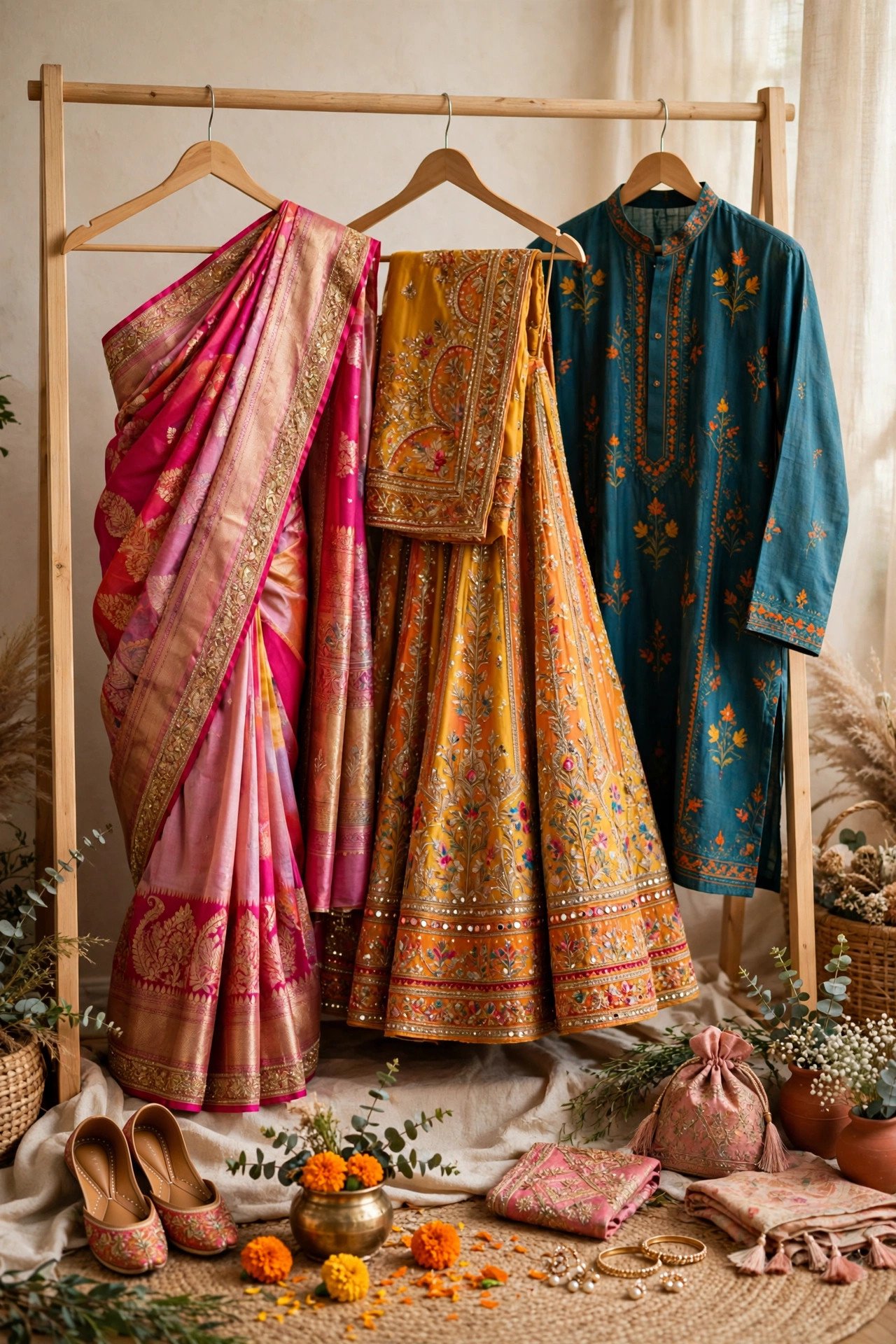 Wedding guests choosing colorful traditional outfits including a sari, lehenga and kurta