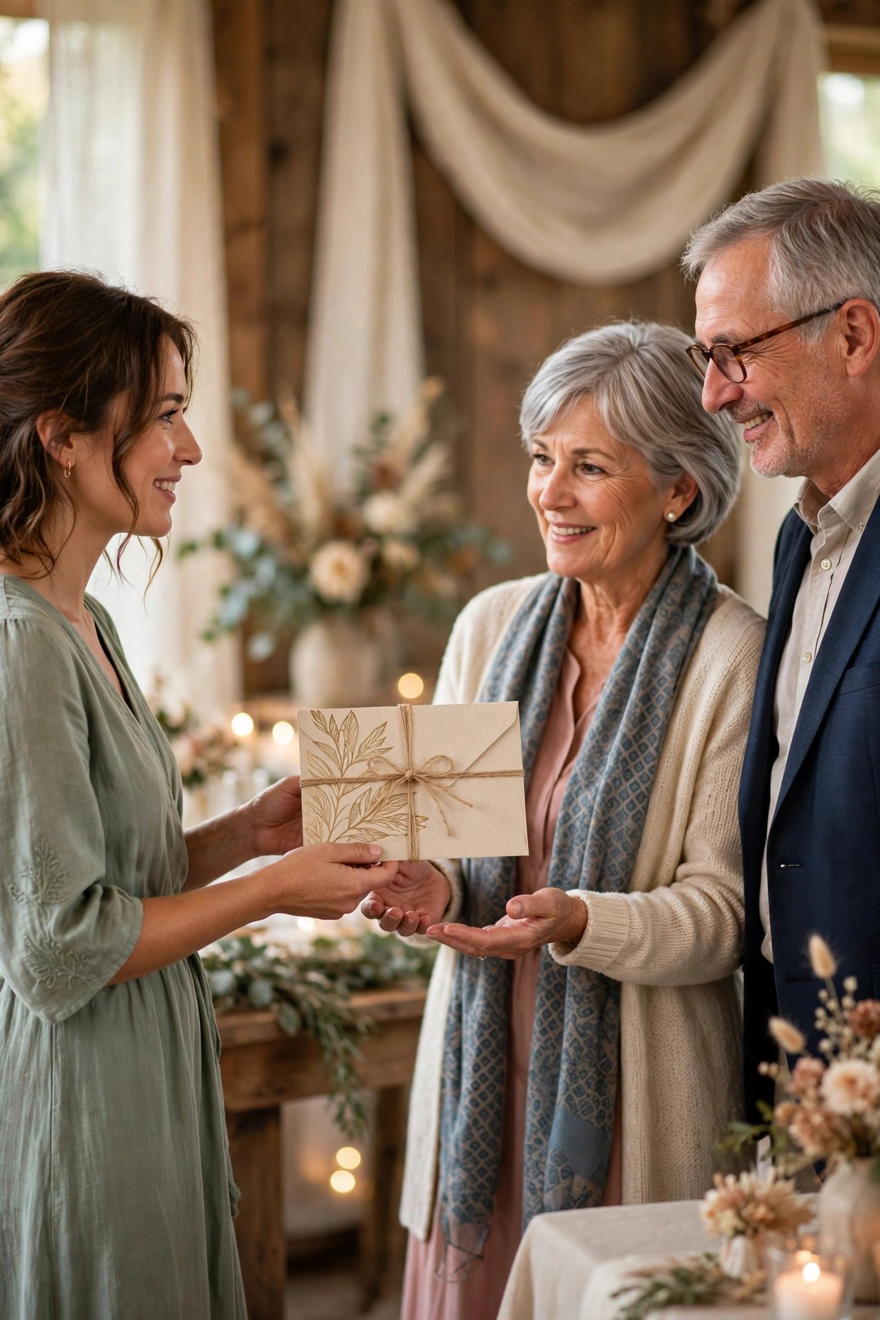 A wedding guest presenting a gift envelope to the couple's family at a reception