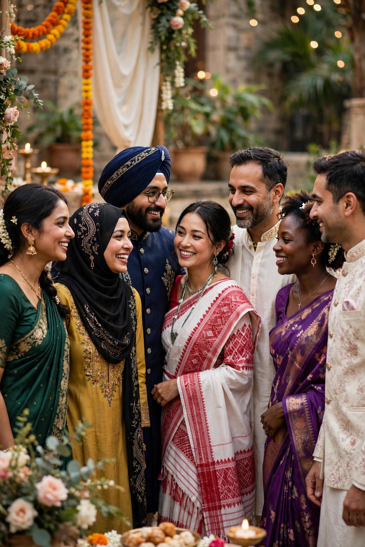 Celebration scenes suggesting the diversity of faiths at Indian weddings