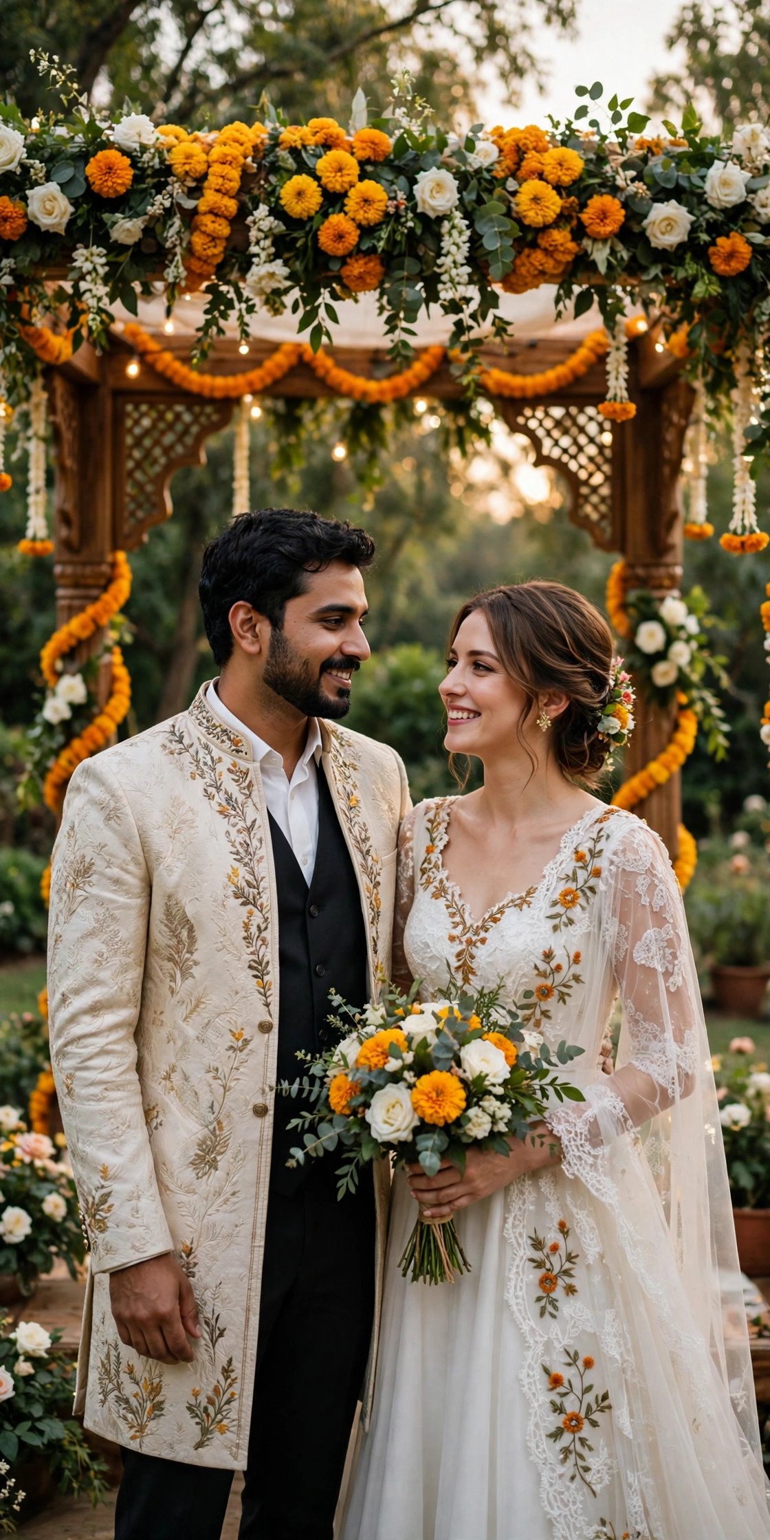 A fusion wedding ceremony combining Indian and Western elements under a floral mandap