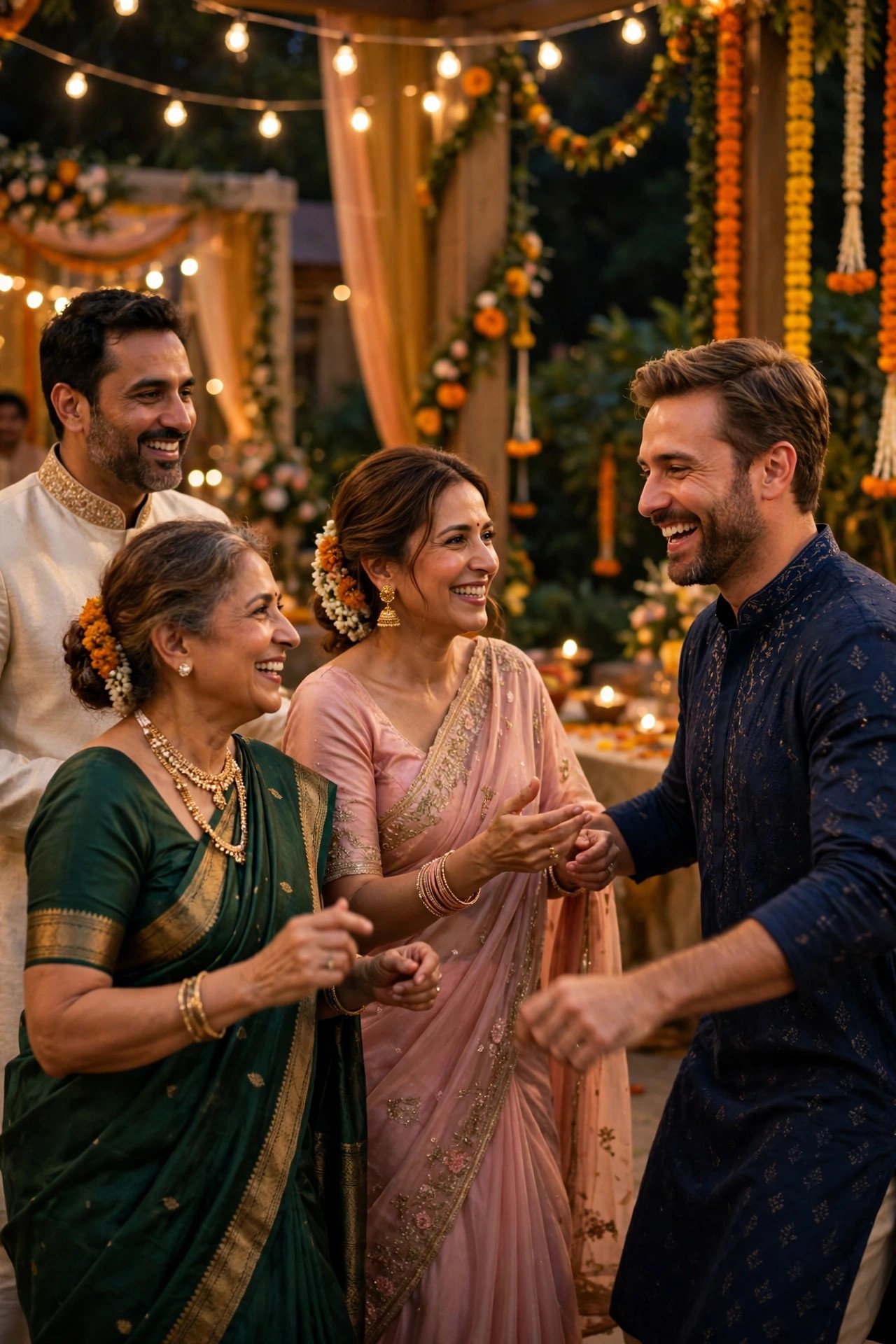 A guest joining the dancing at an Indian wedding, welcomed by the family