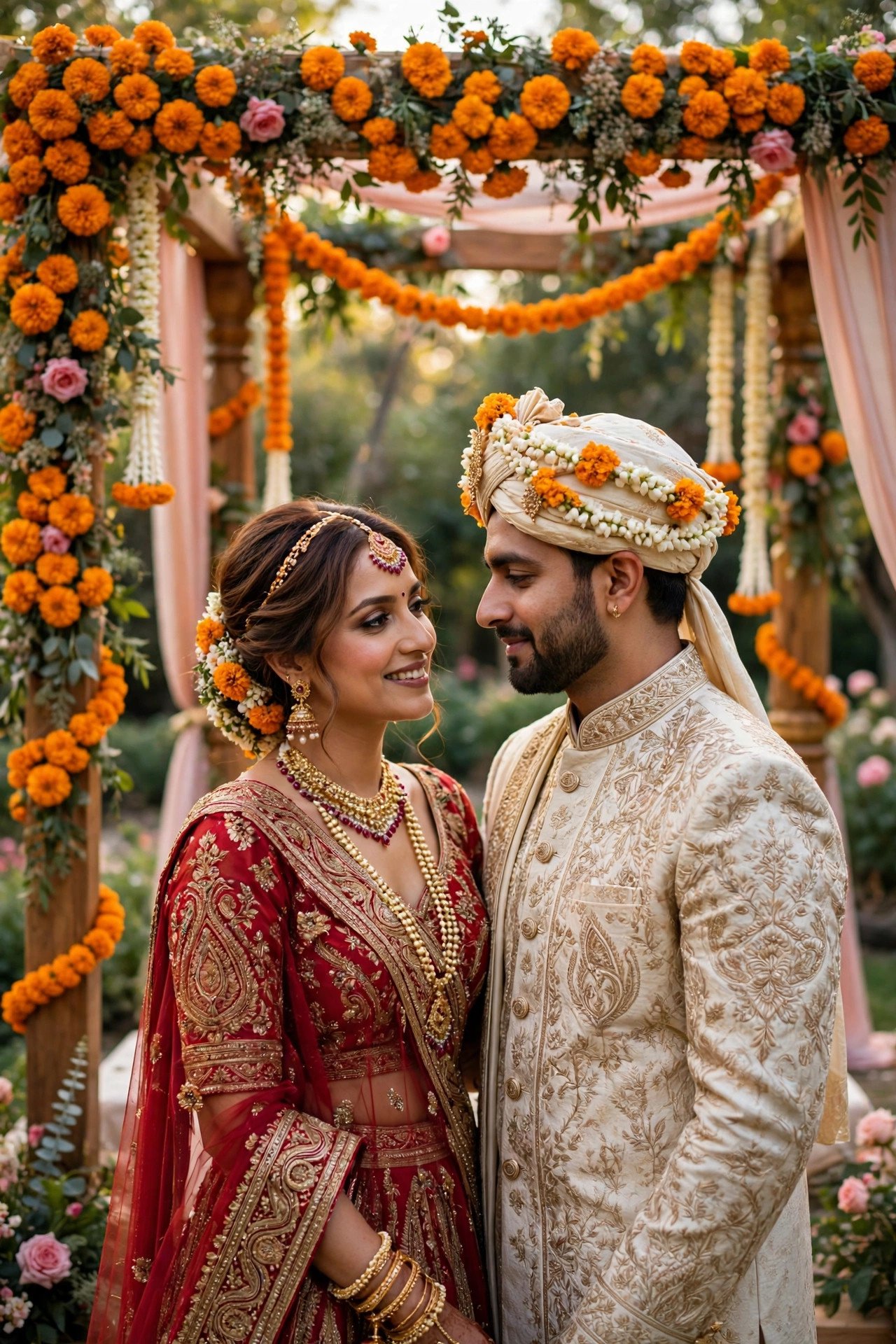 A couple in richly embroidered traditional Indian wedding attire beneath a flower-decked mandap
