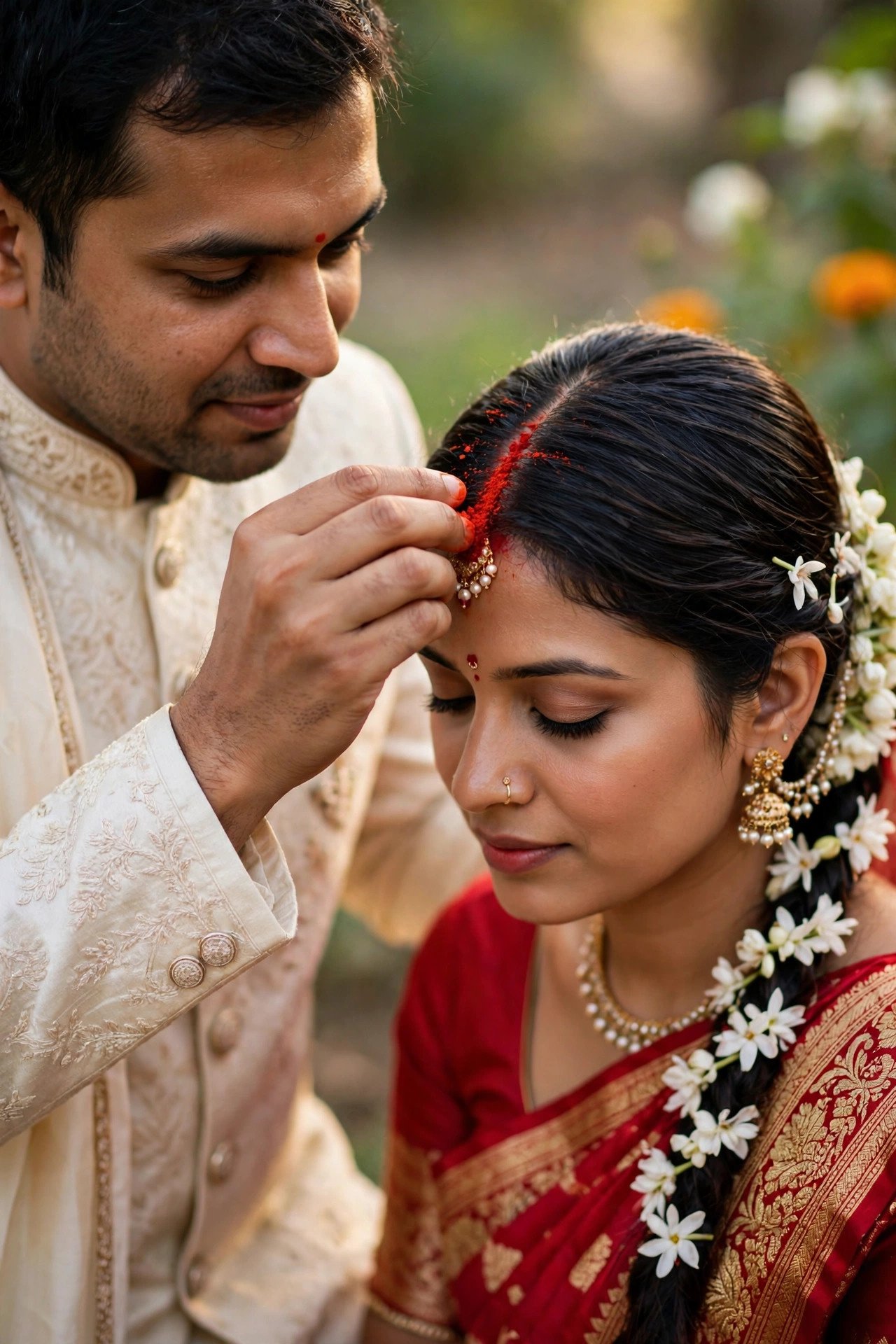 Sindoor: Vermilion in the Hair Parting — Hindu wedding ceremony moment