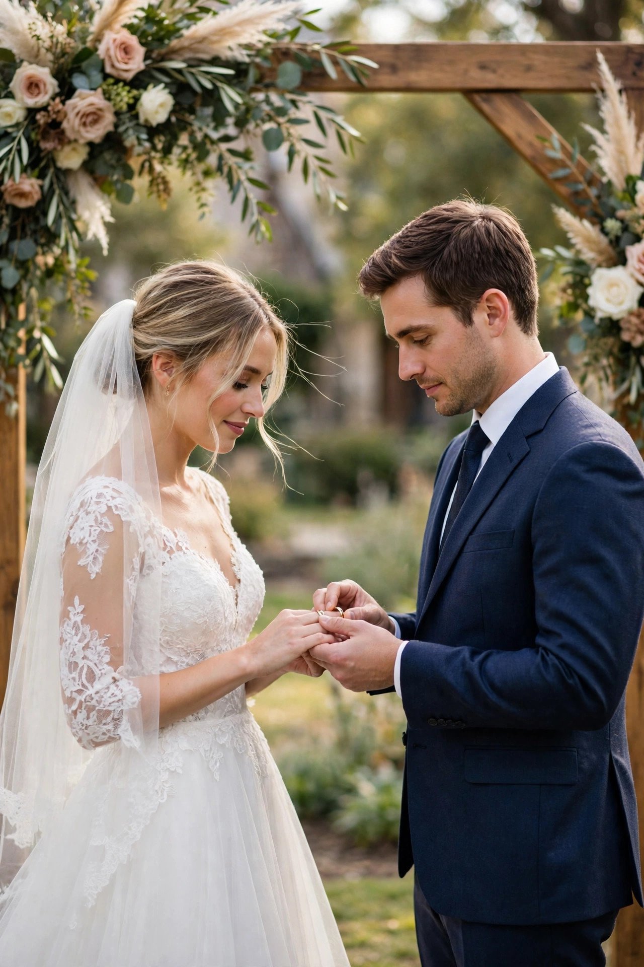Couple exchanging rings at a classic American wedding ceremony