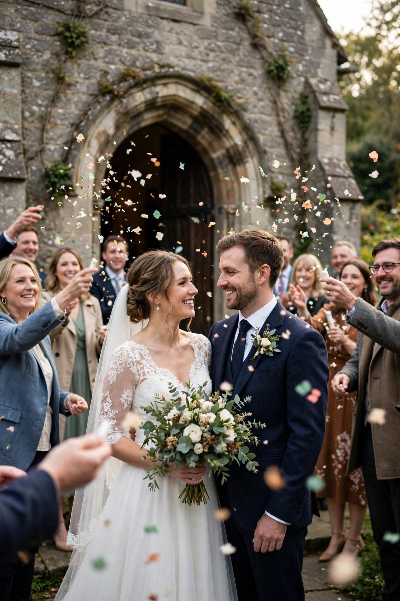 Church wedding in England with guests throwing confetti outside the door