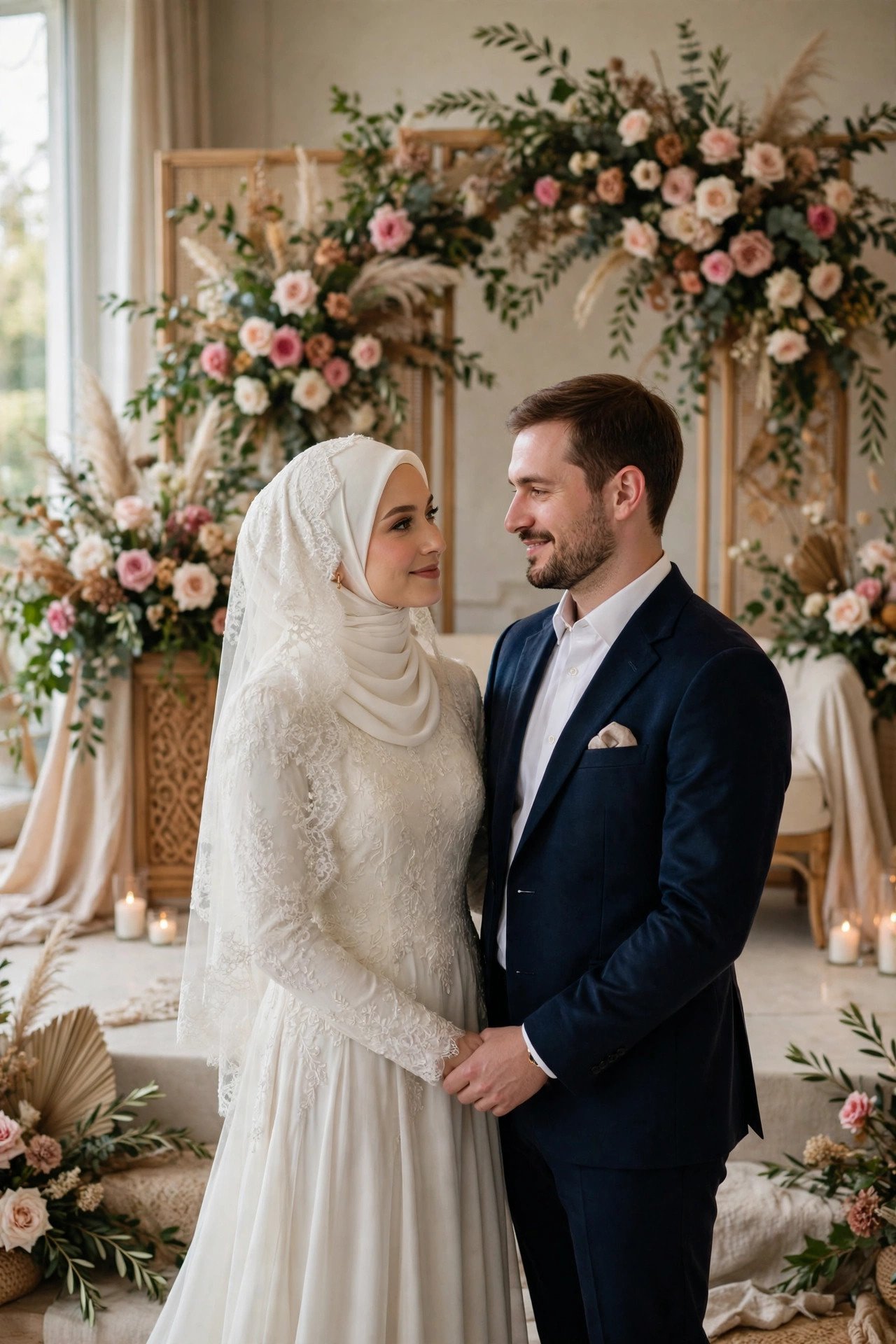 Elegant Muslim wedding stage with floral backdrop and the couple in formal attire
