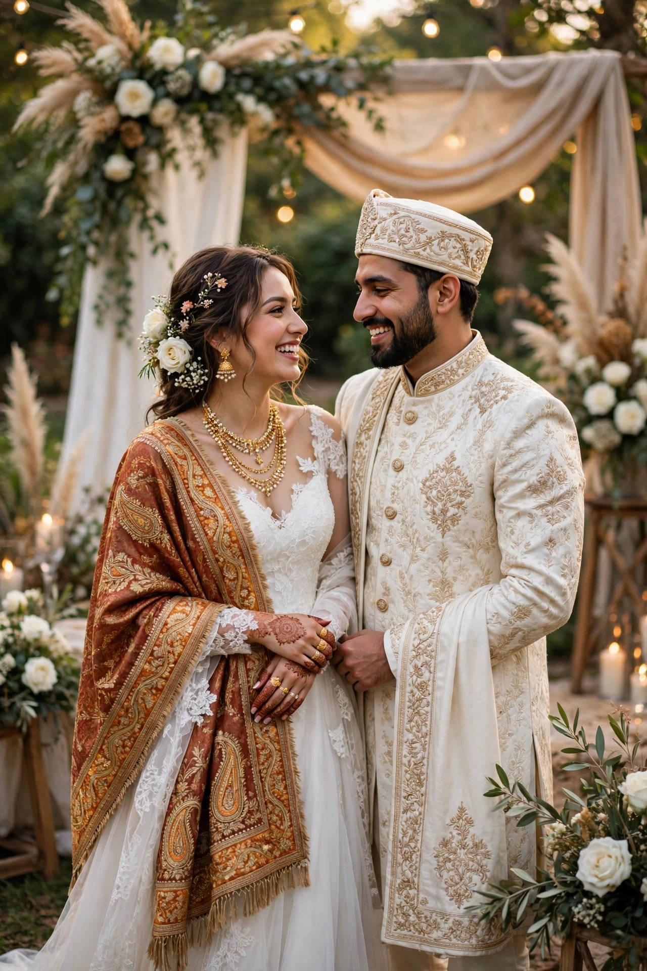 A couple in traditional attire at their engagement and in white wedding dress on the same weekend