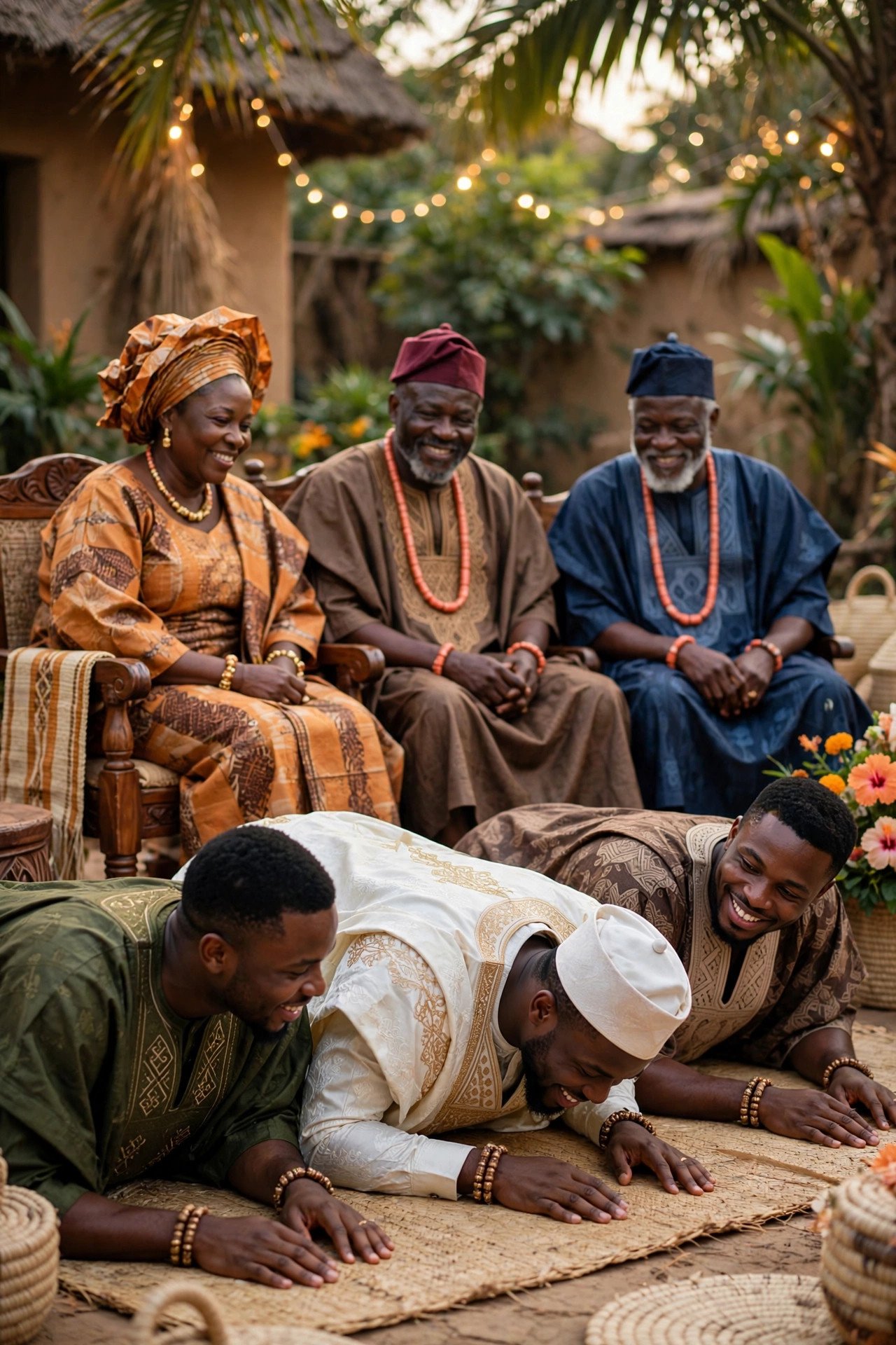 A groom and his friends prostrating before elders at a Yoruba traditional engagement