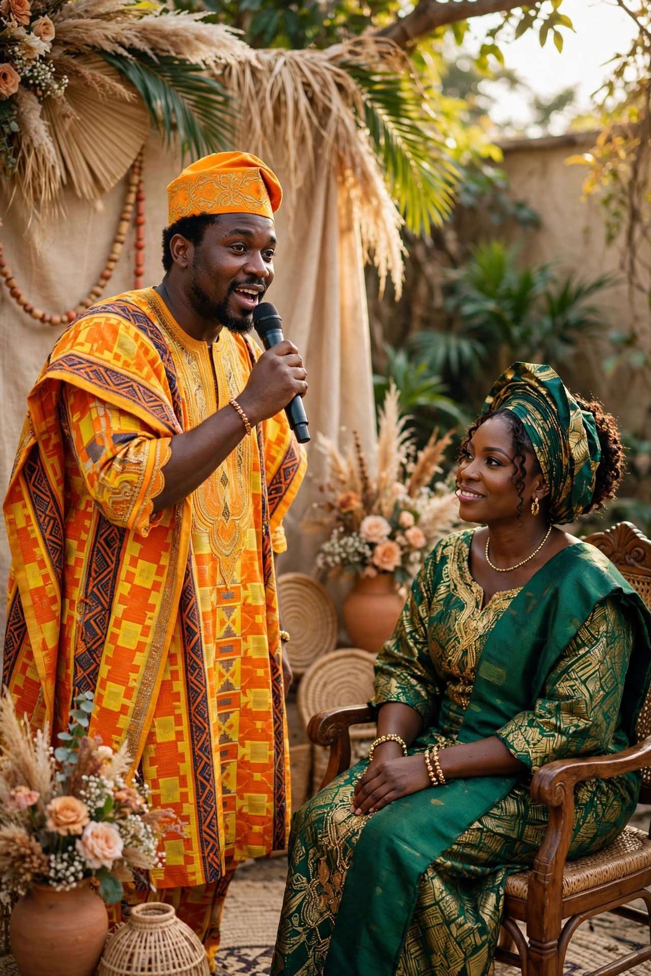 A compère in bright attire speaking into a microphone and guiding an engagement ceremony