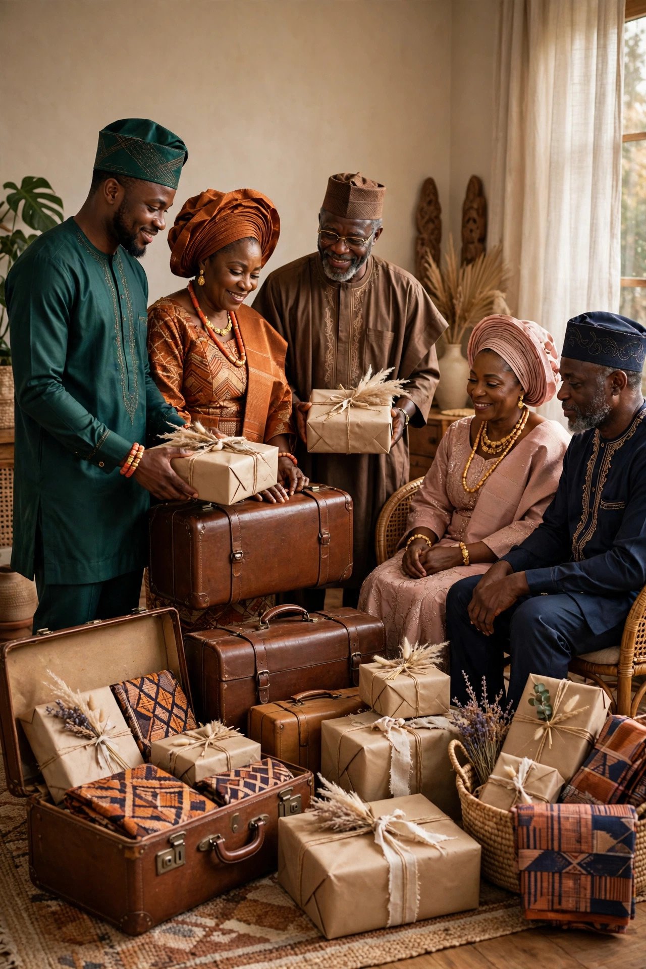 Suitcases and wrapped gifts presented by the groom's family at an engagement ceremony