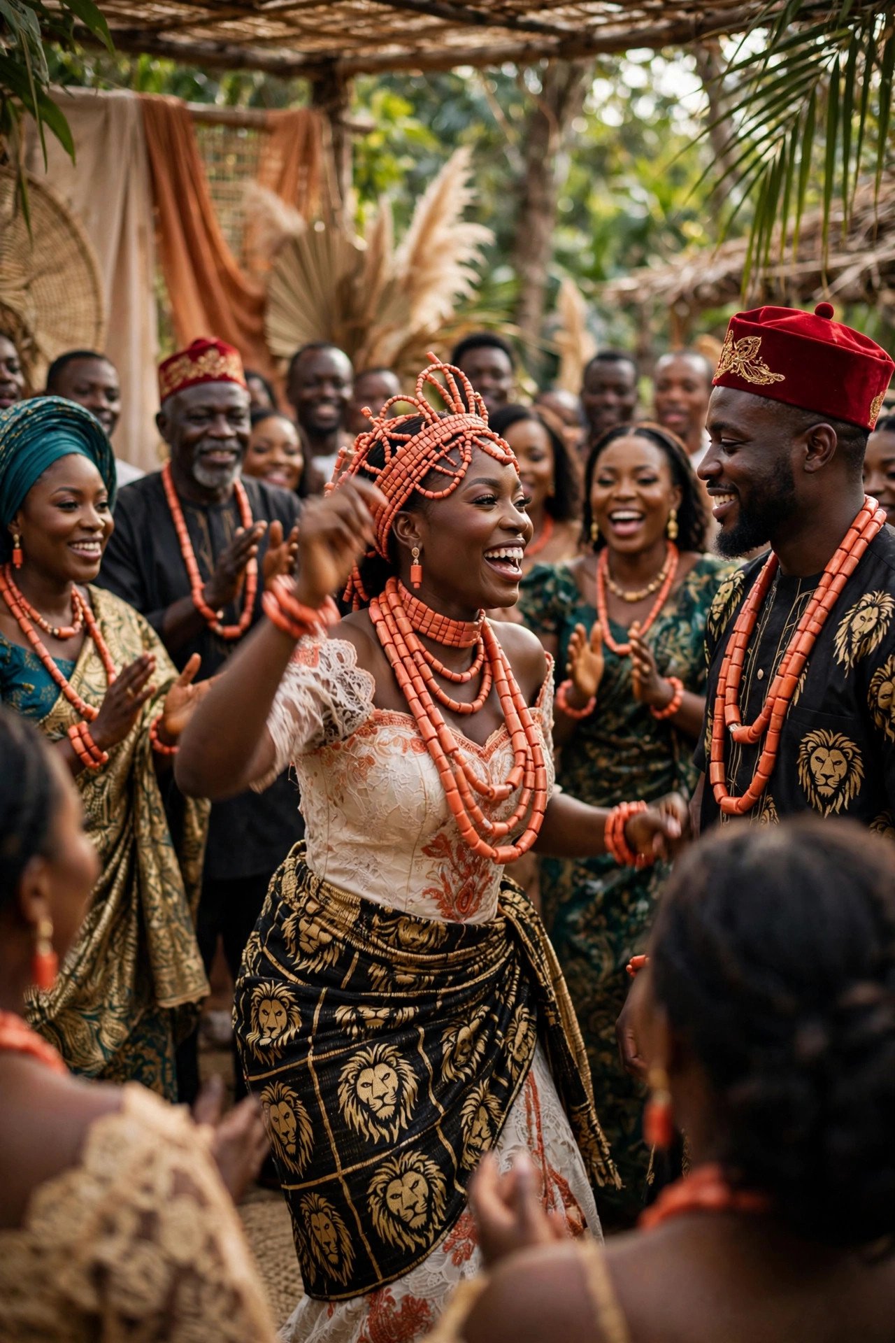 An Igbo bride dancing through the crowd during igba nkwu as guests cheer her on