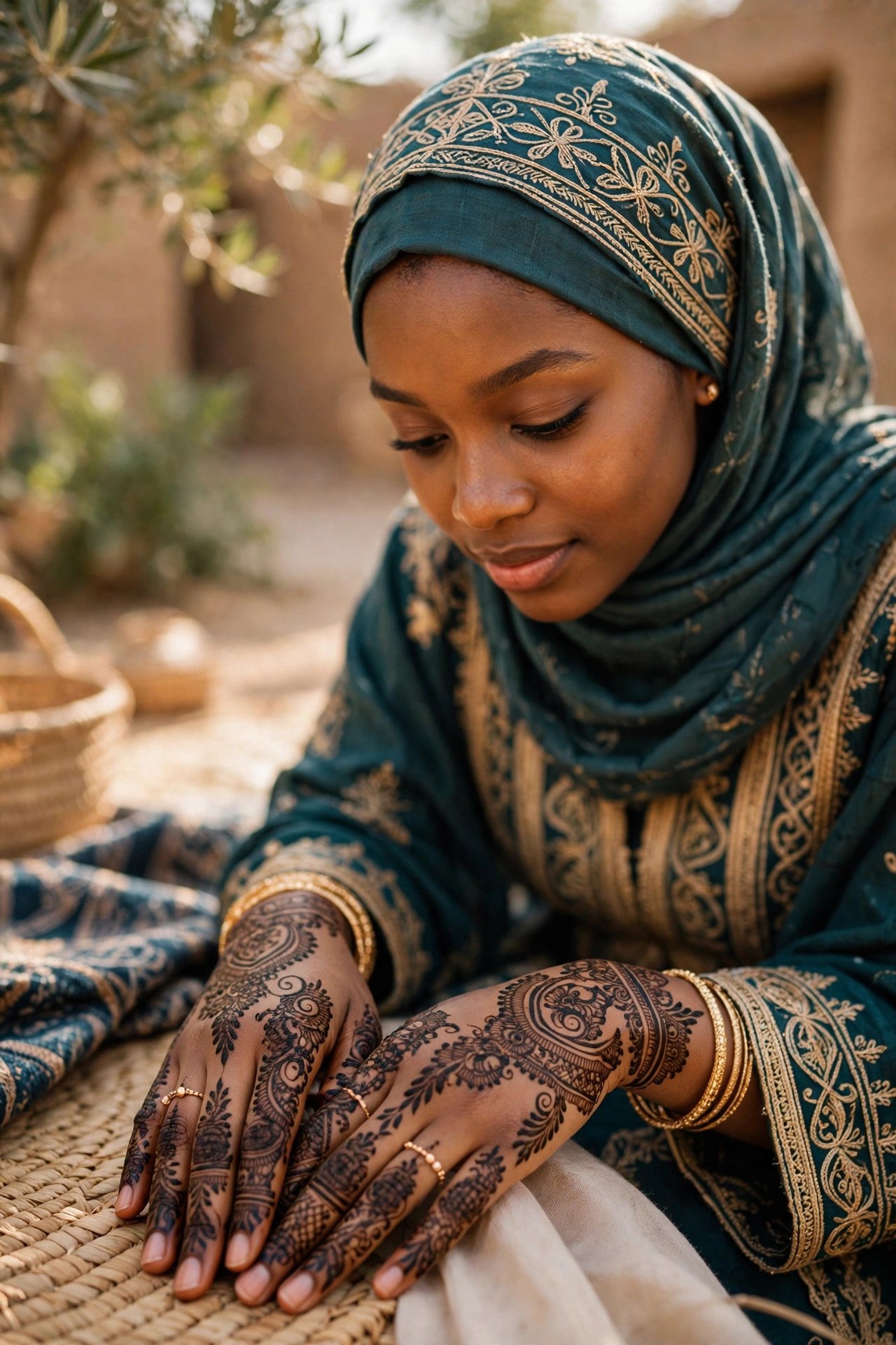 Intricate henna patterns on a bride's hands during a Hausa wedding celebration
