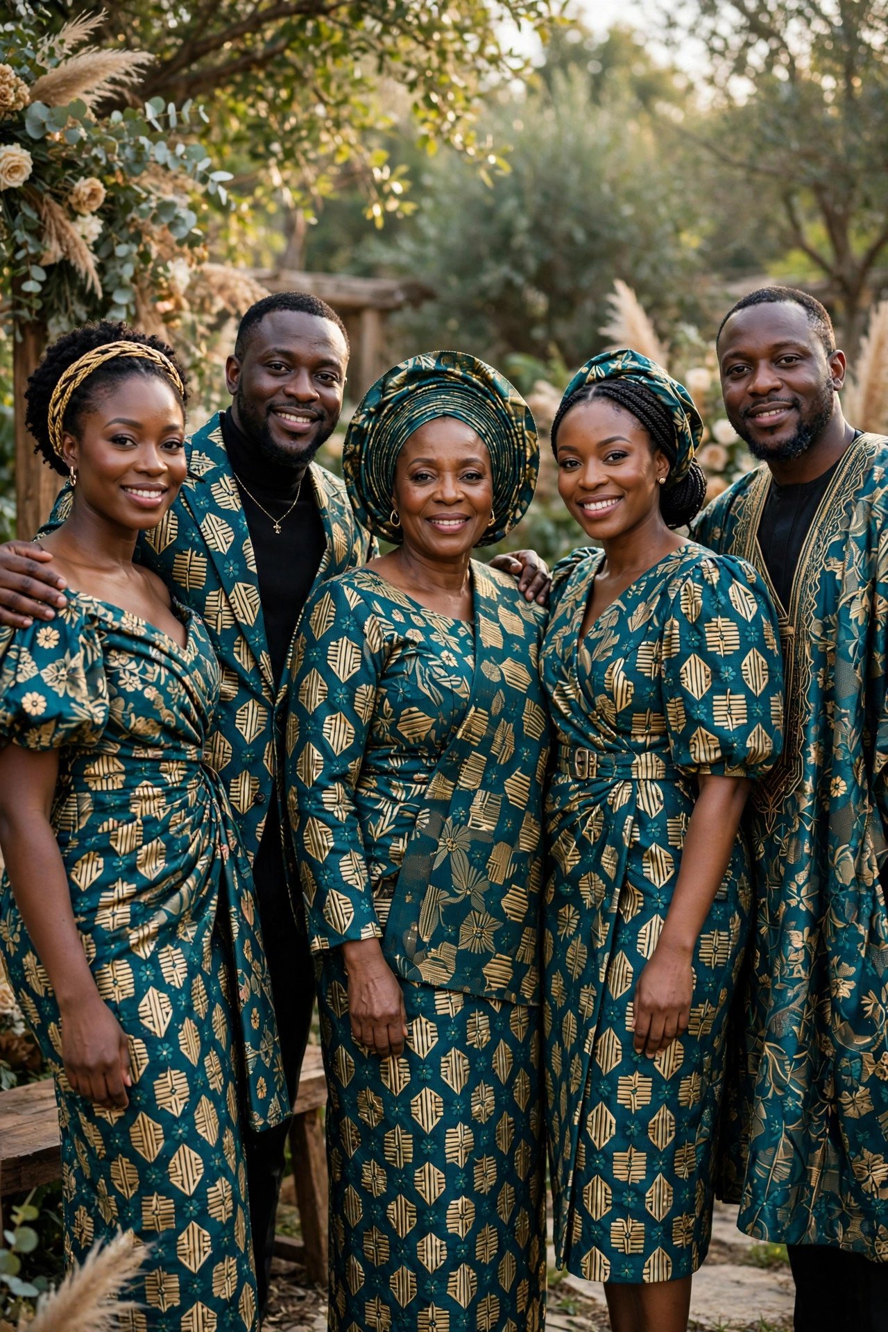 Wedding guests in matching aso ebi fabric tailored into individual elegant styles