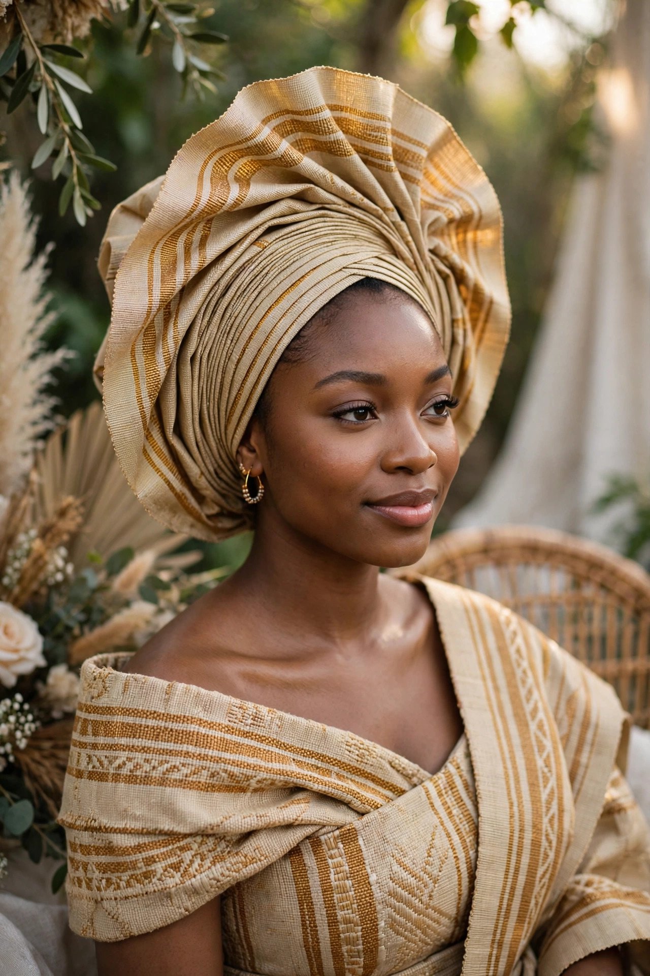 A bride wearing a sculpted gele headwrap and woven aso oke at her engagement