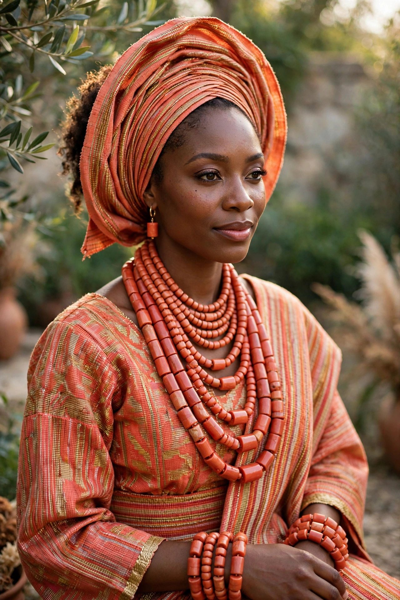 A bride wearing layered coral bead necklaces and bracelets with her traditional attire