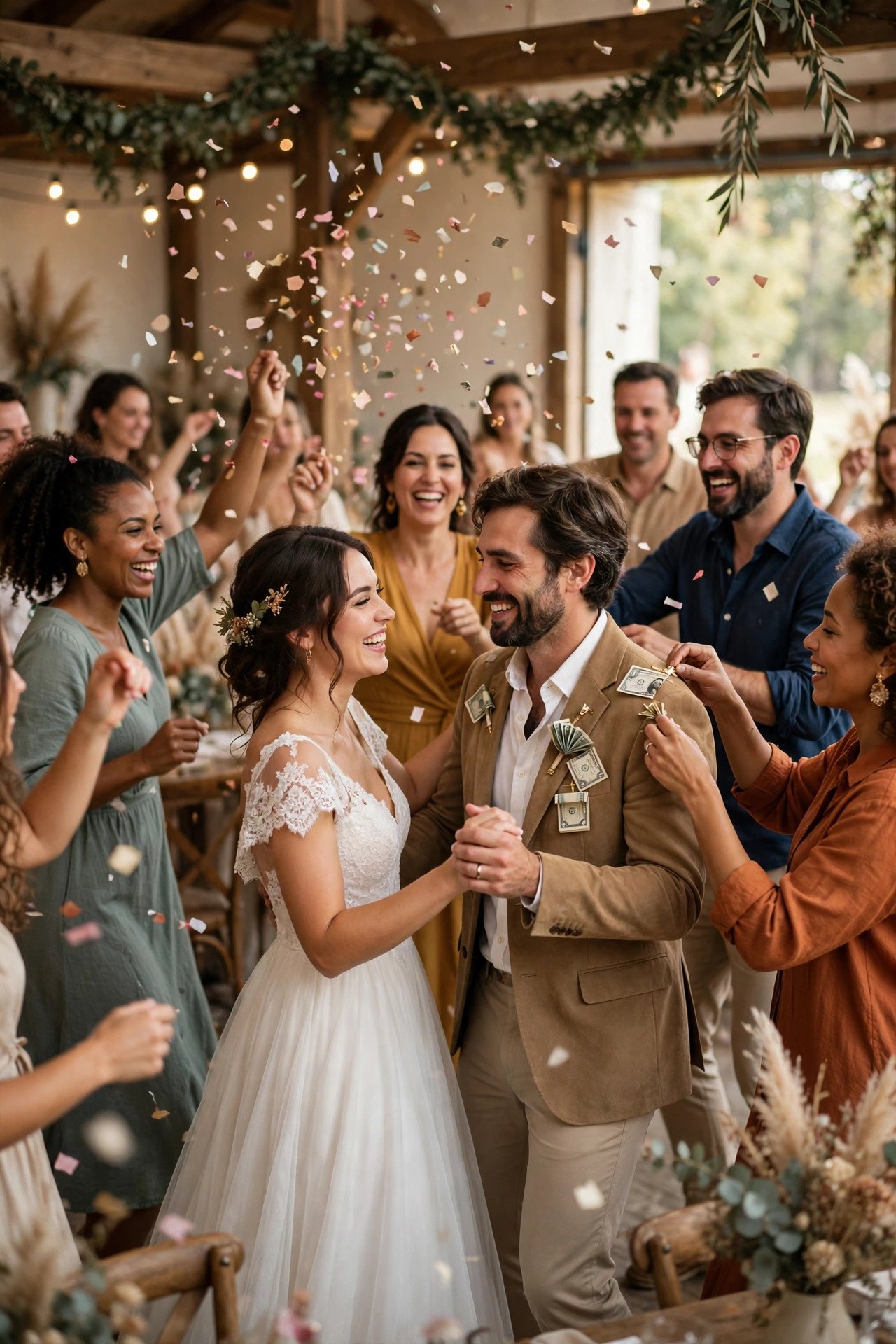 Guests dancing around a couple and celebrating with the money dance at a reception