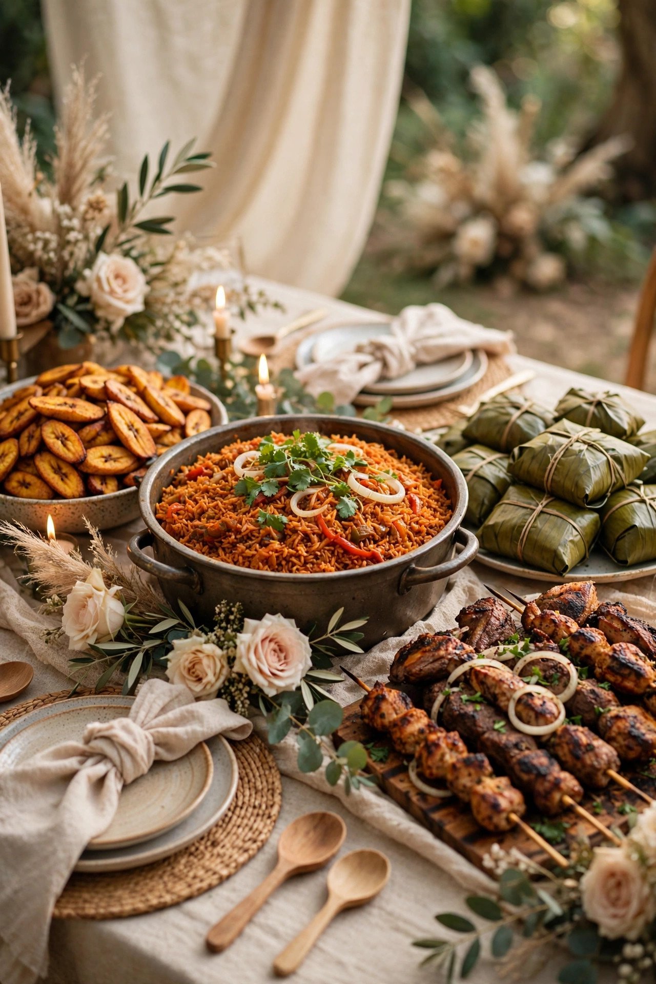 A wedding buffet with jollof rice, plantain, moi moi and grilled meats