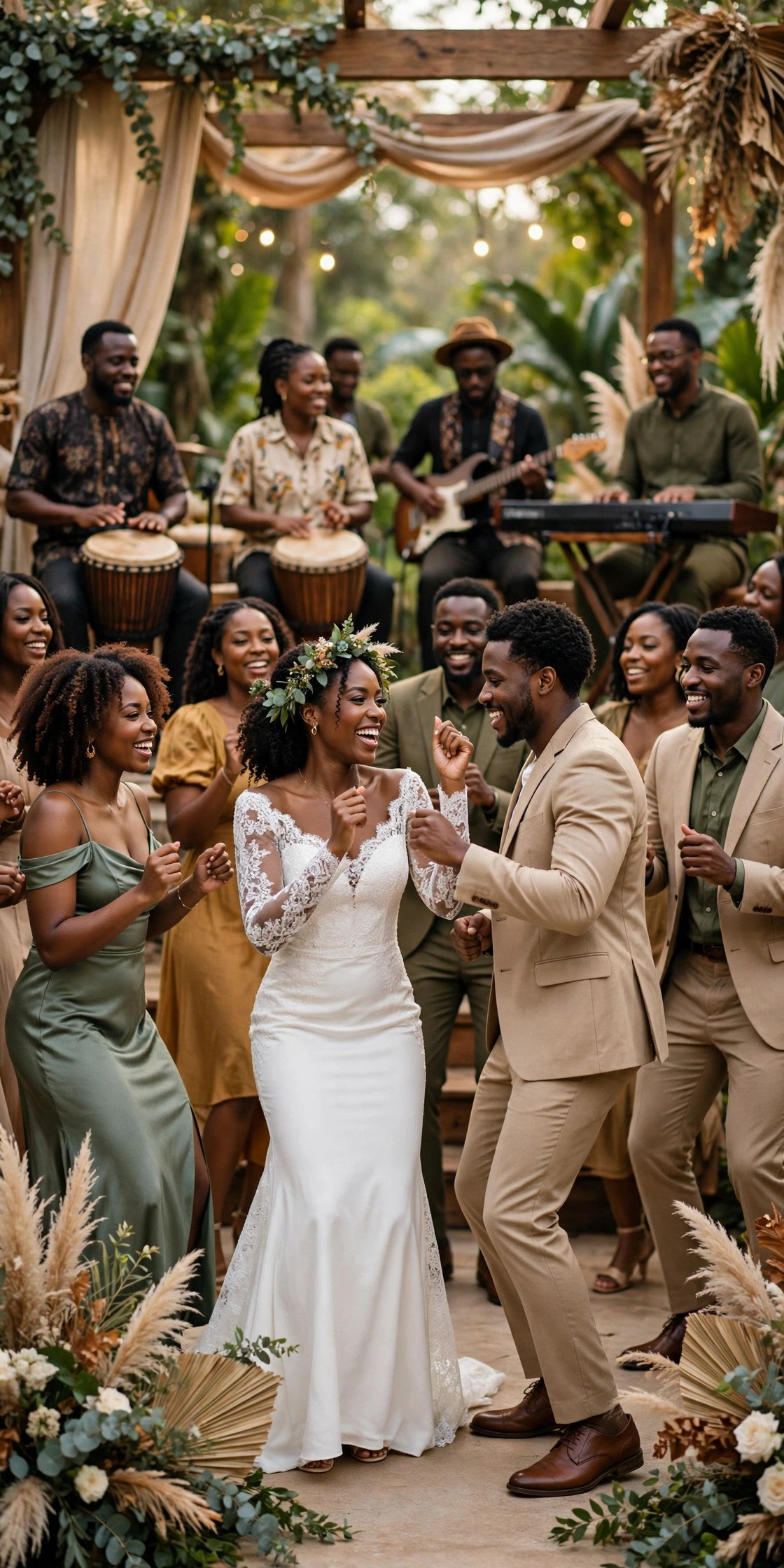 A live band performing as a bridal party makes a choreographed dance entrance