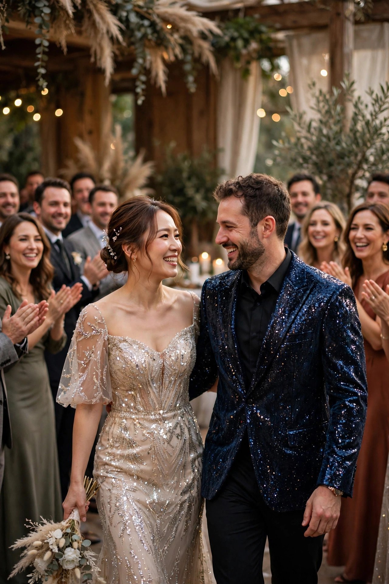 A couple making a second entrance in sparkling reception outfits as guests cheer