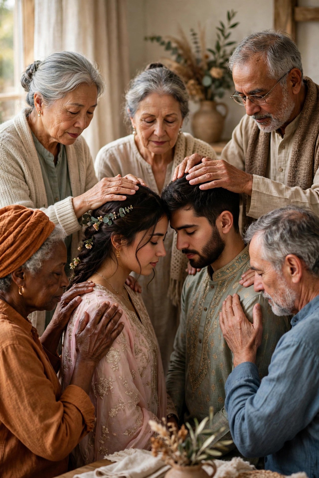 Elders laying hands and praying over a couple at their traditional engagement