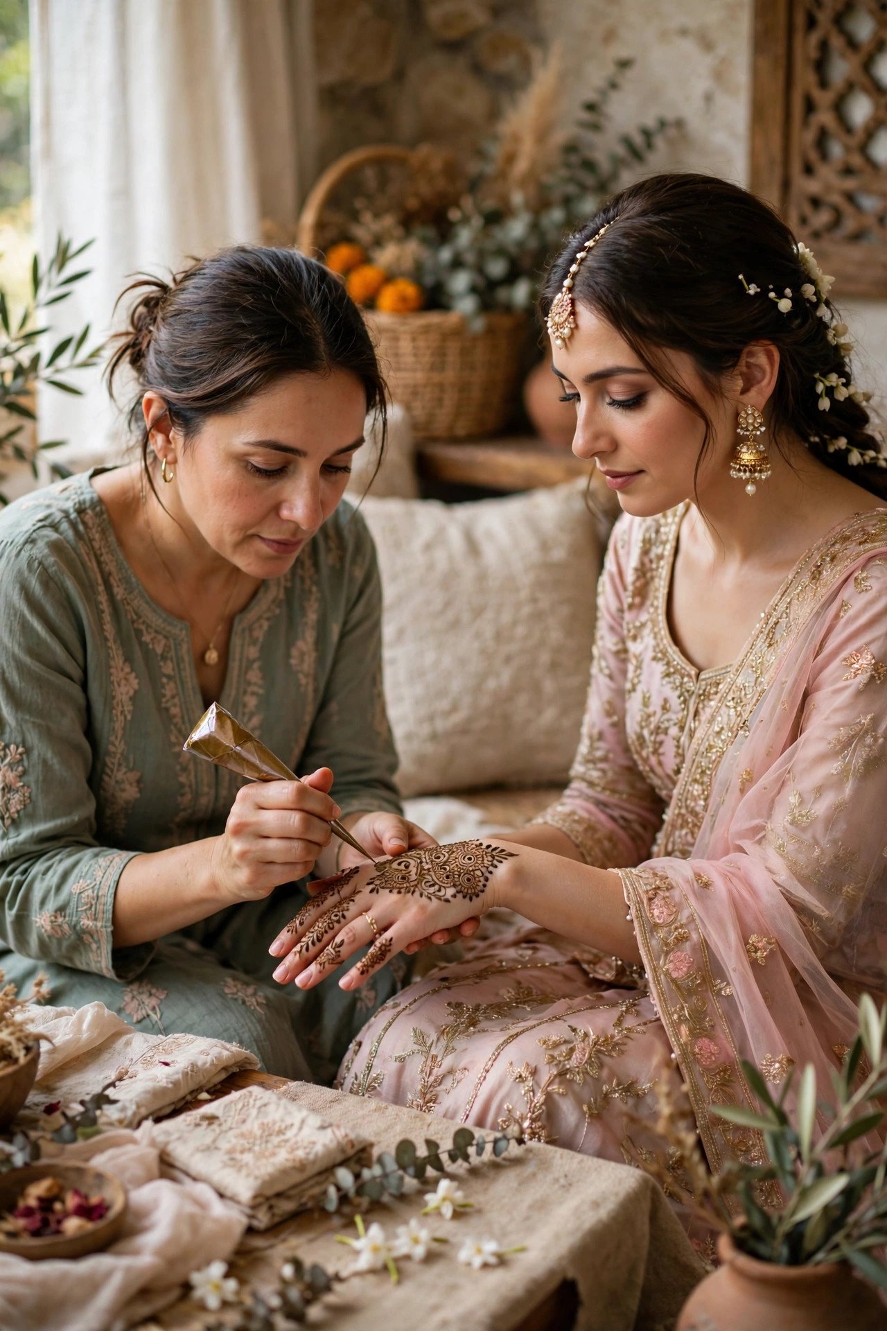A henna artist painting detailed lalle patterns on a bride's hands