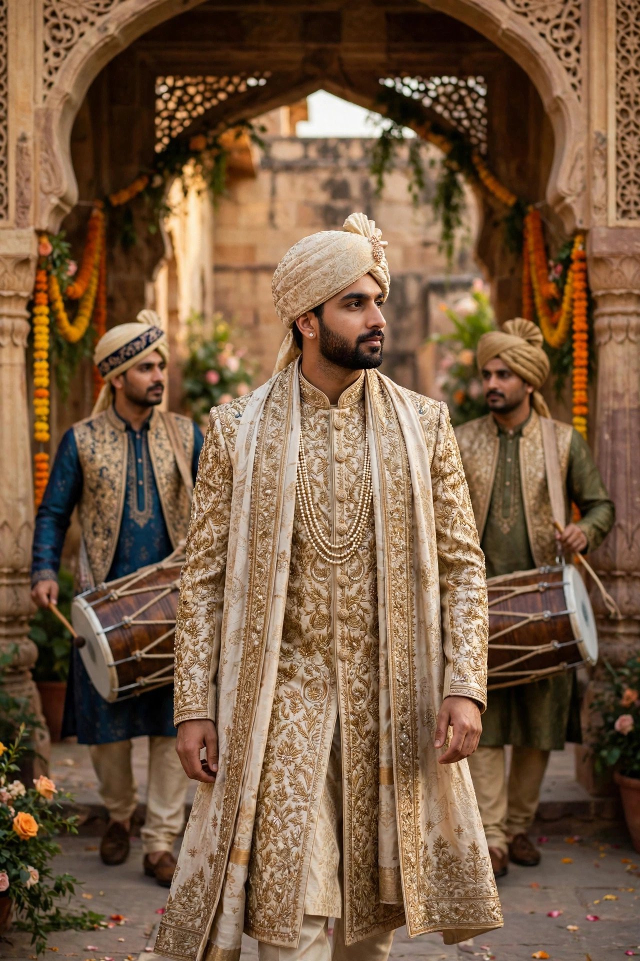 A groom in an embroidered flowing robe making a stately entrance with drummers
