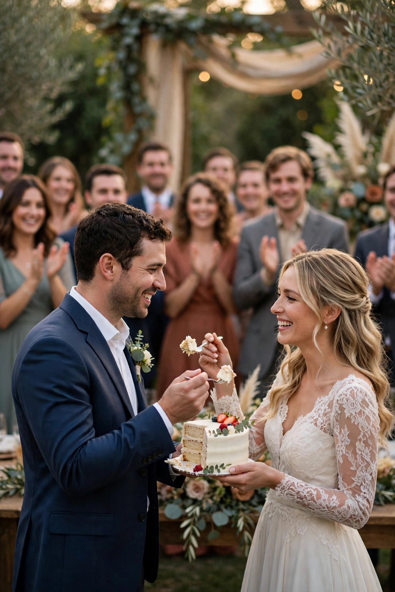 A couple feeding each other wedding cake as the MC narrates and guests applaud