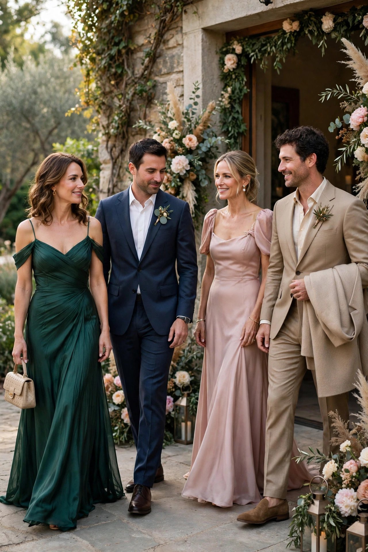 Elegantly dressed wedding guests in tailored suits and gowns arriving at a reception