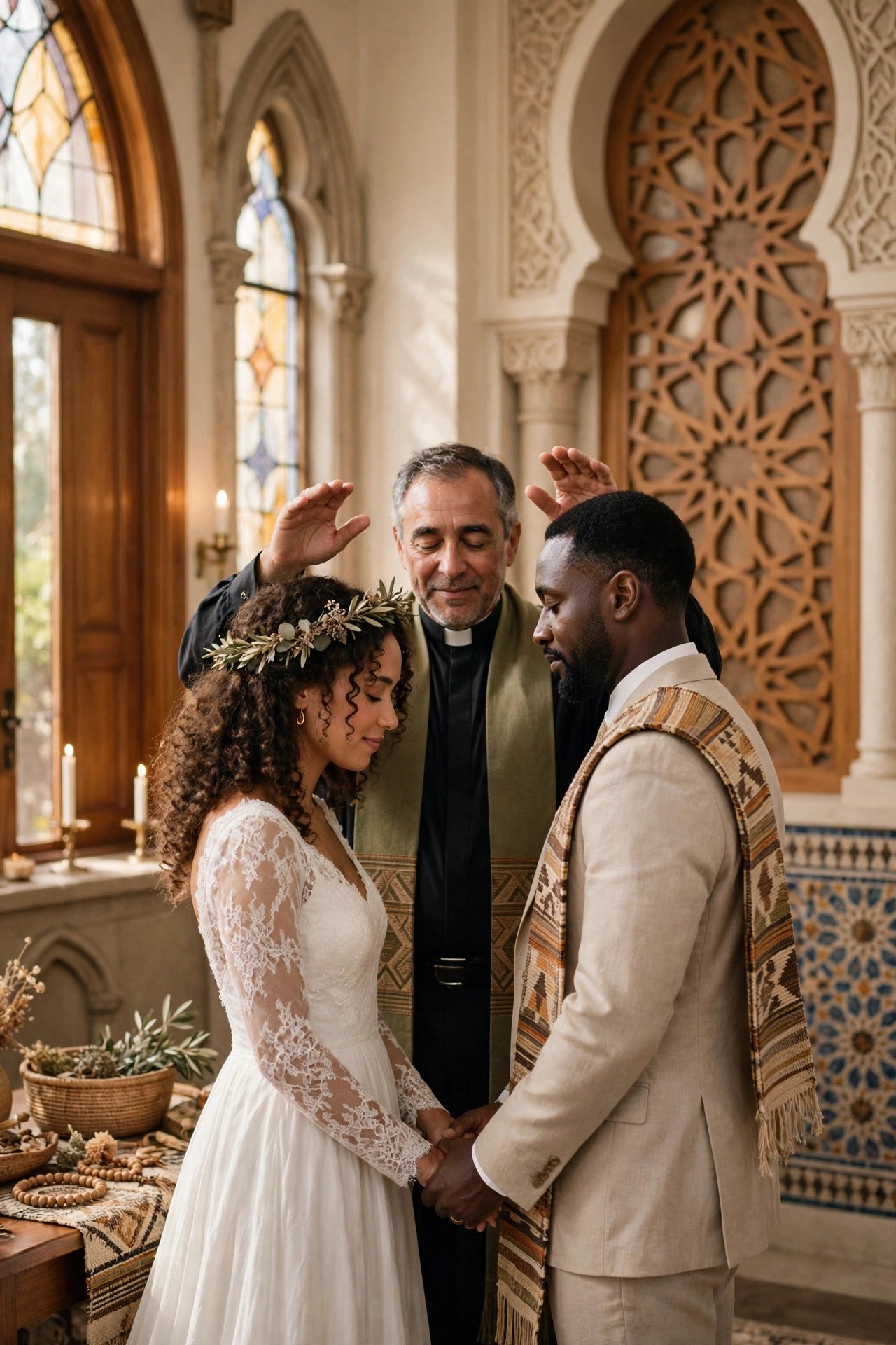 A couple receiving a blessing from a pastor during their white wedding service