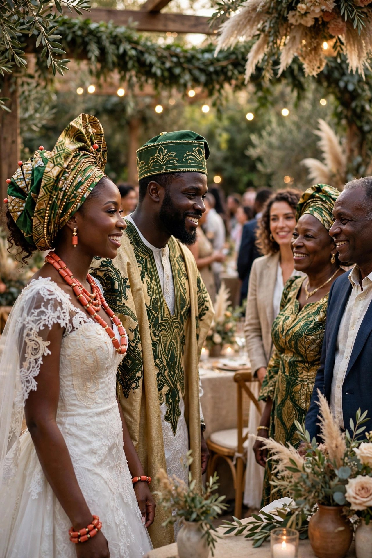 A couple in traditional attire greeting guests at a fusion wedding reception abroad