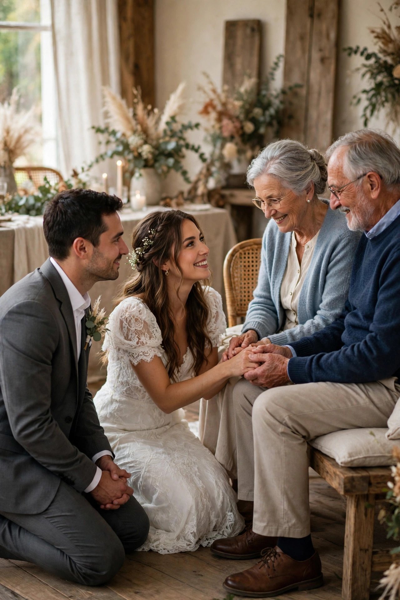 A couple kneeling to greet grandparents at their wedding reception