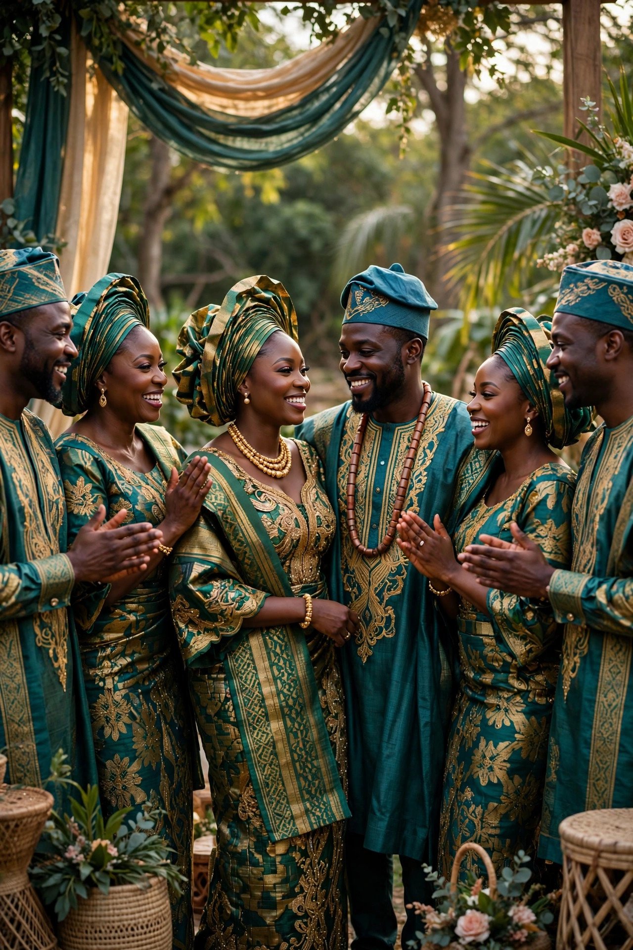 A Nigerian couple in vibrant traditional attire with matching aso ebi guests celebrating at a traditional engagement ceremony