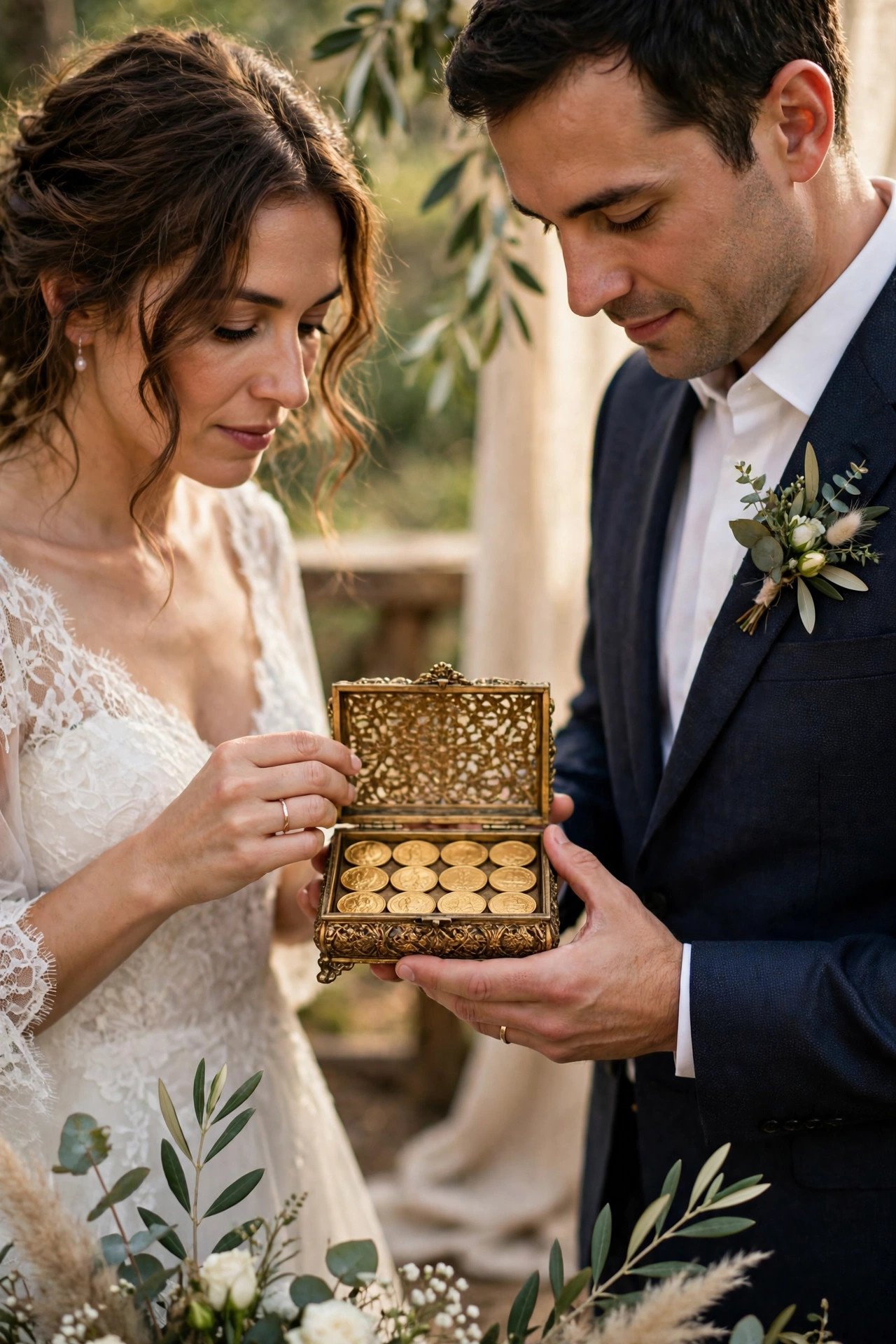 Thirteen coins in an ornate box being presented during a wedding ceremony