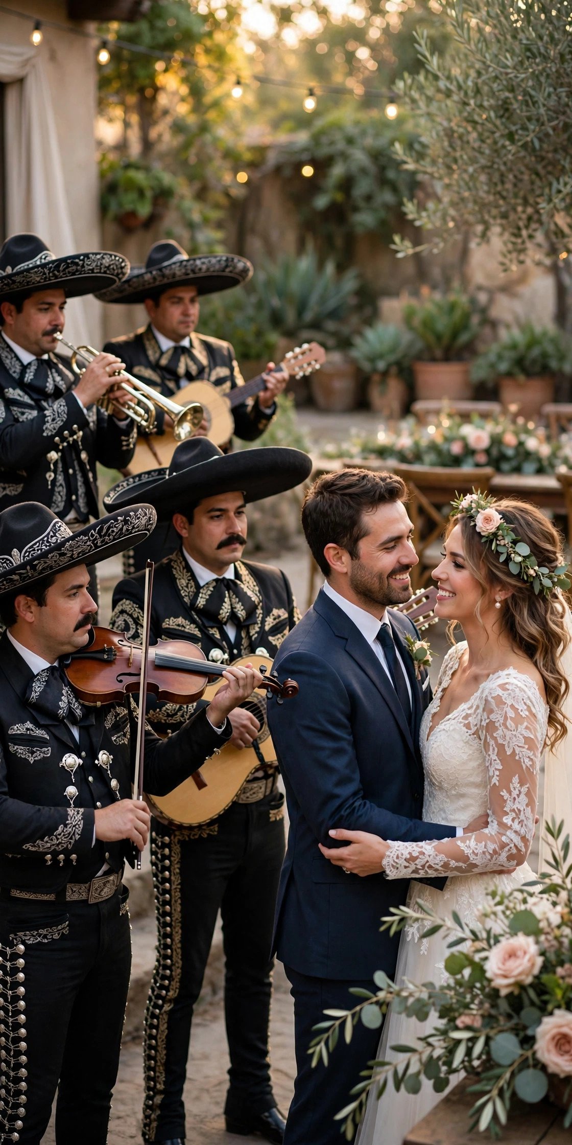 A mariachi band in embroidered suits serenading a couple at their reception