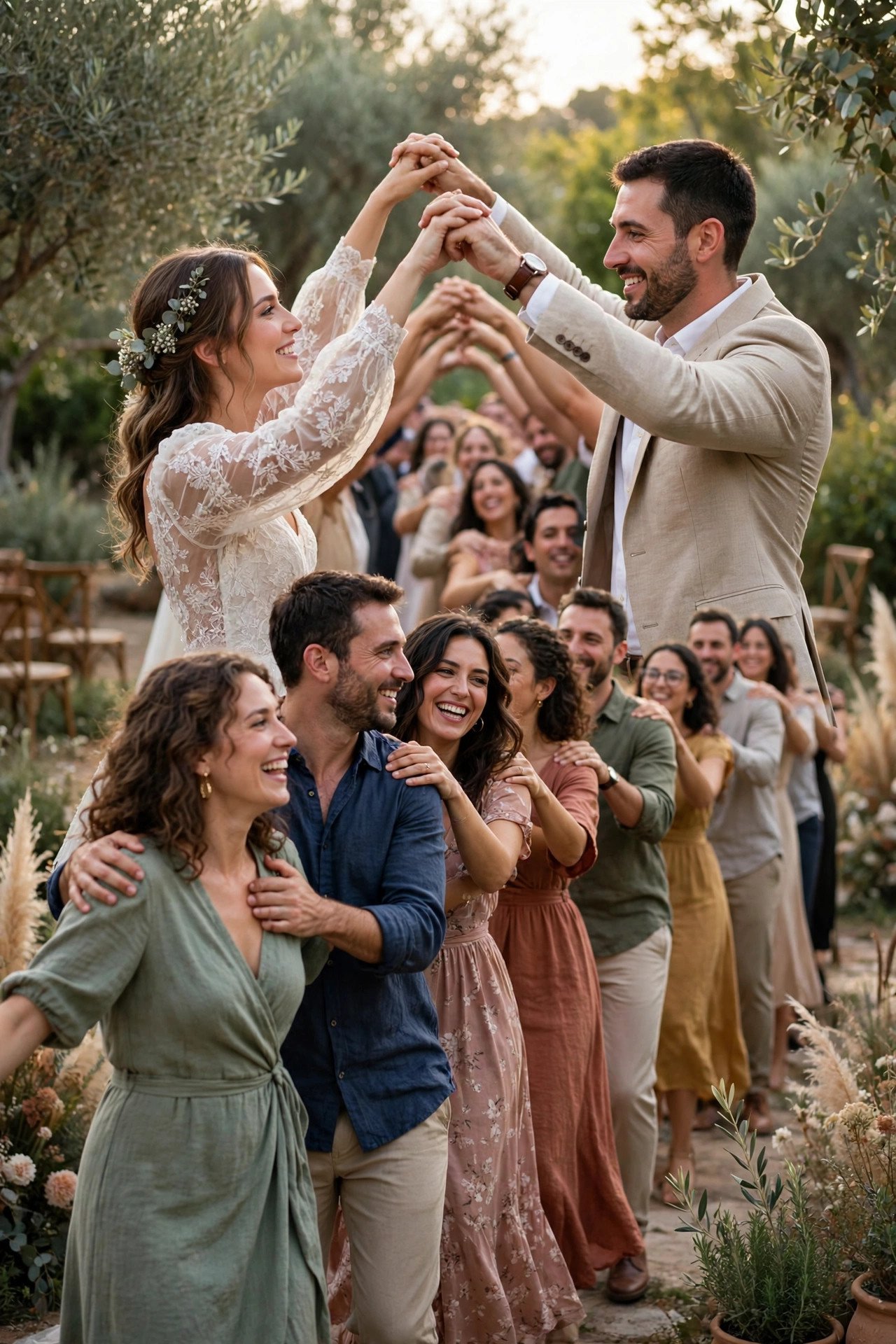 Guests in a long dancing line weaving under an arch formed by the couple's arms