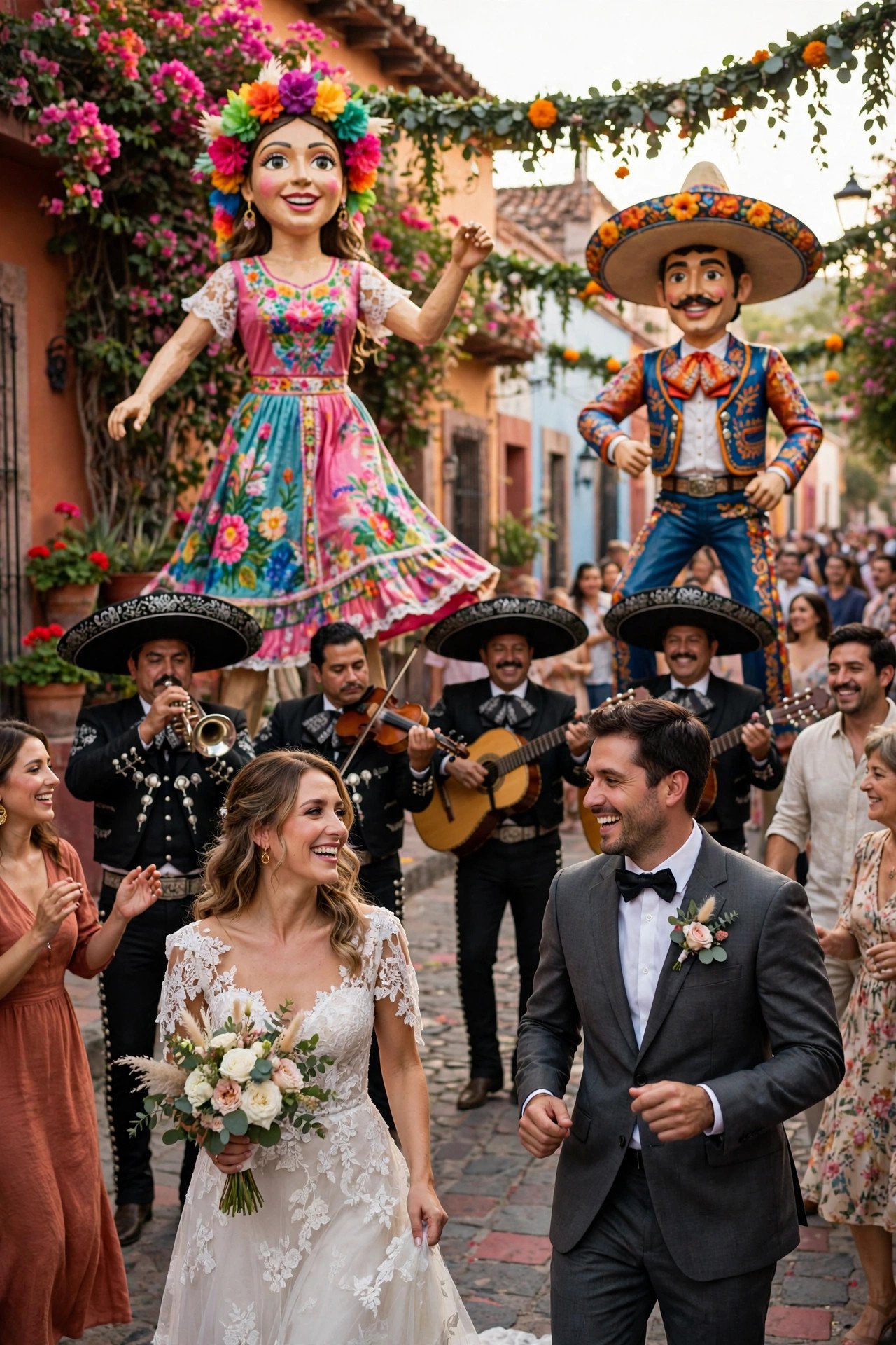 A wedding parade with mariachi and giant puppets dancing through a colorful street