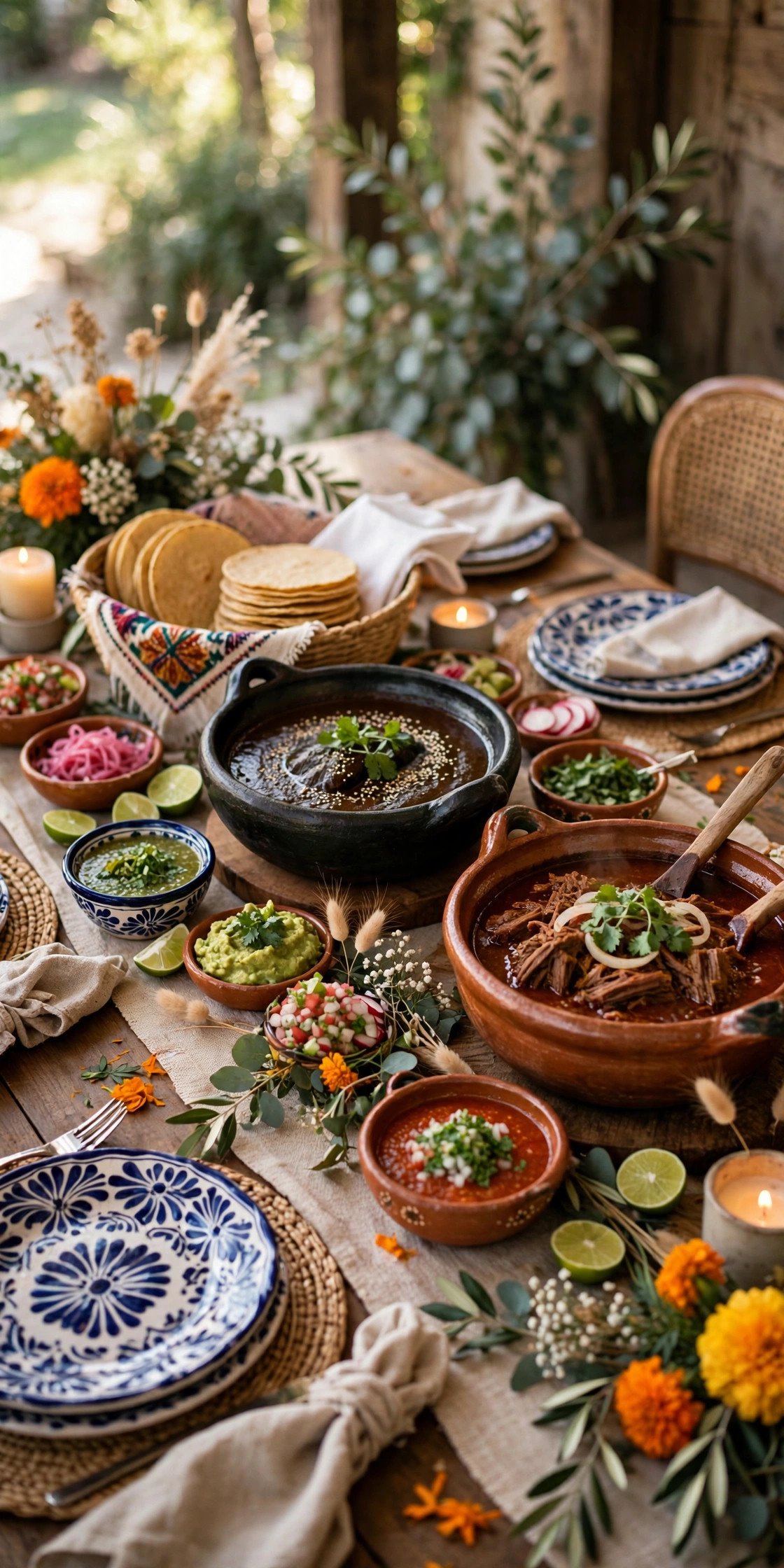 A wedding buffet with mole poblano, birria, tacos and fresh salsas