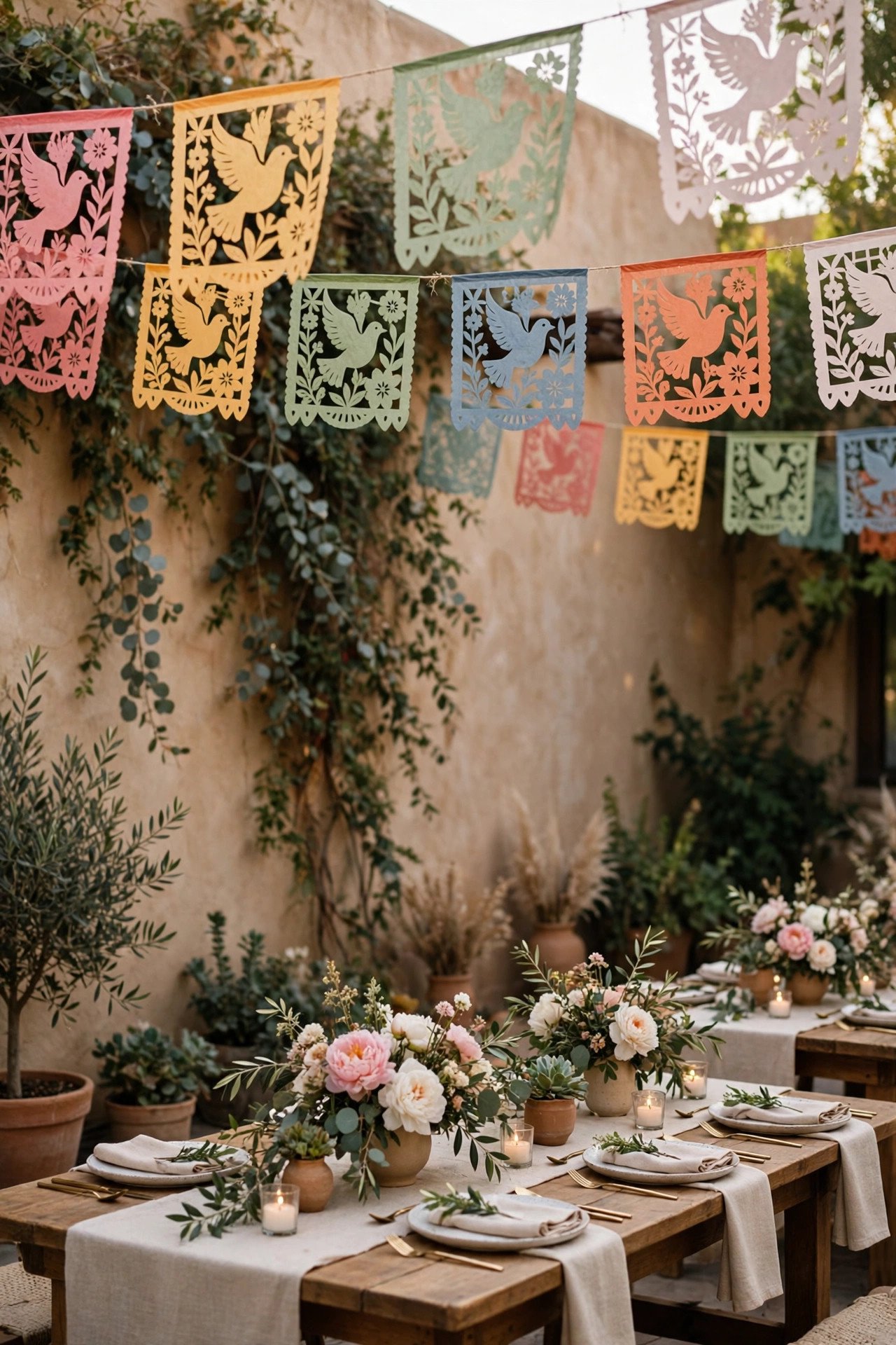 Colorful papel picado banners with doves and flowers fluttering above a reception
