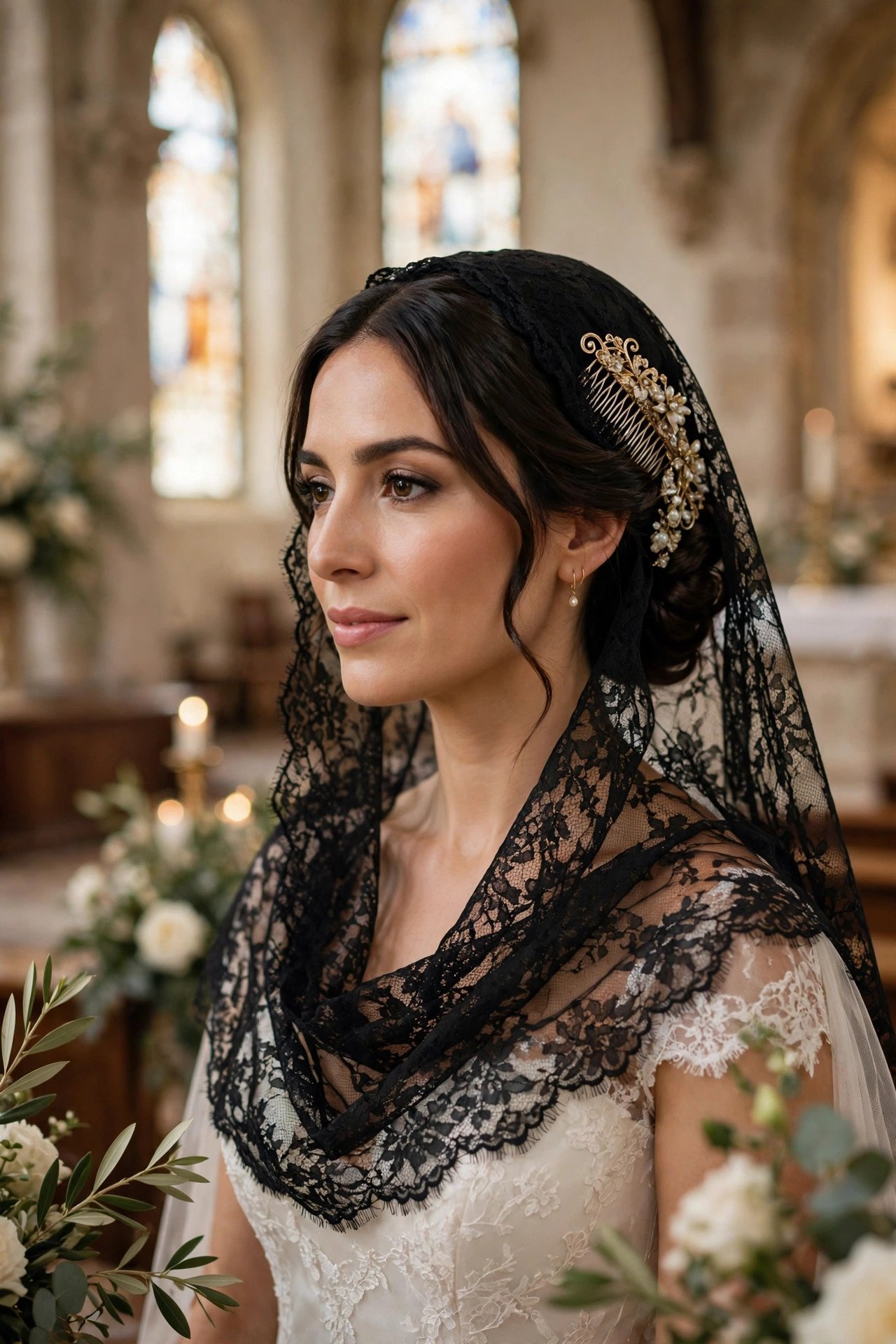 A bride wearing a lace mantilla veil over a decorative comb at her church ceremony