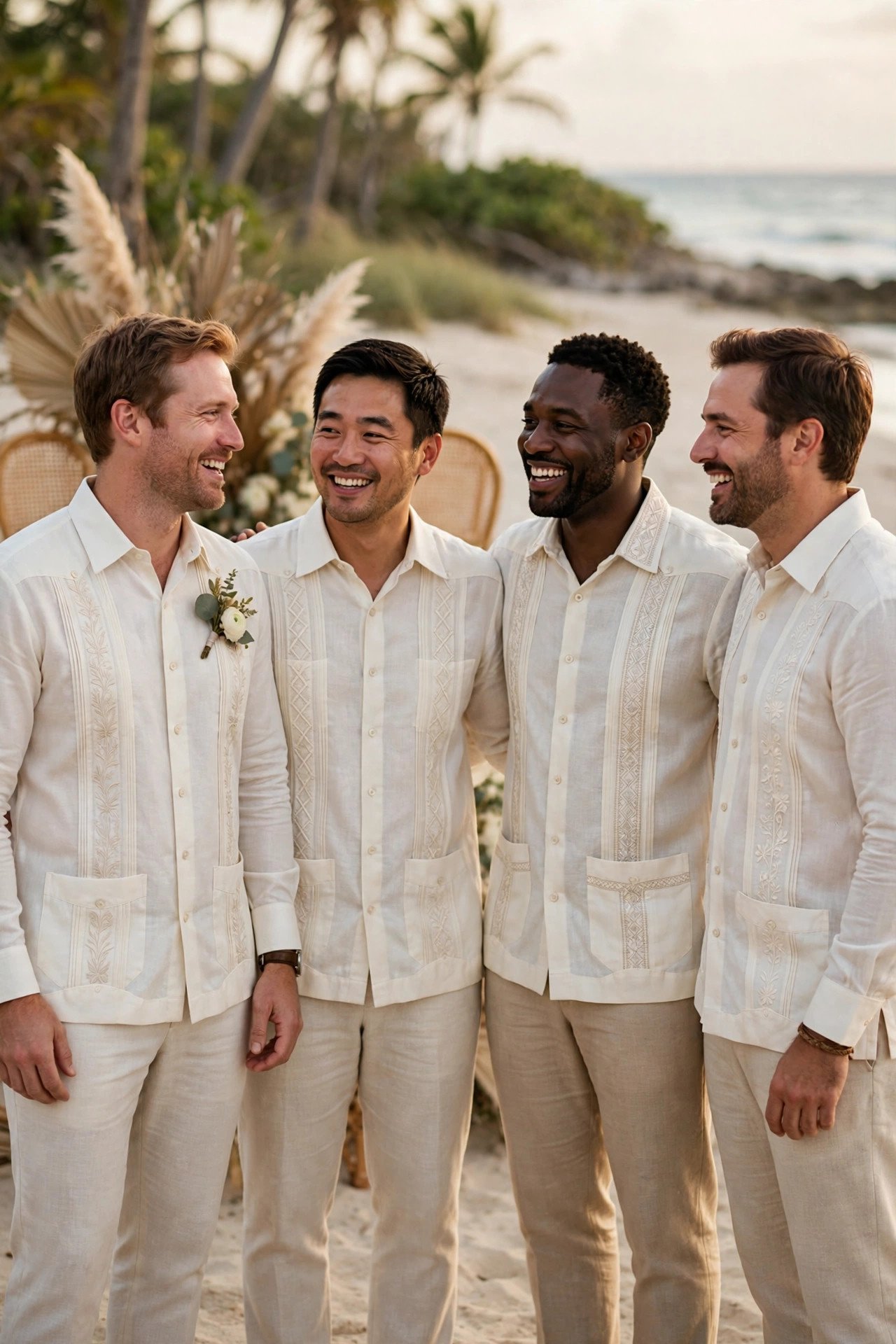 A groom and groomsmen in embroidered ivory guayaberas at a beach wedding