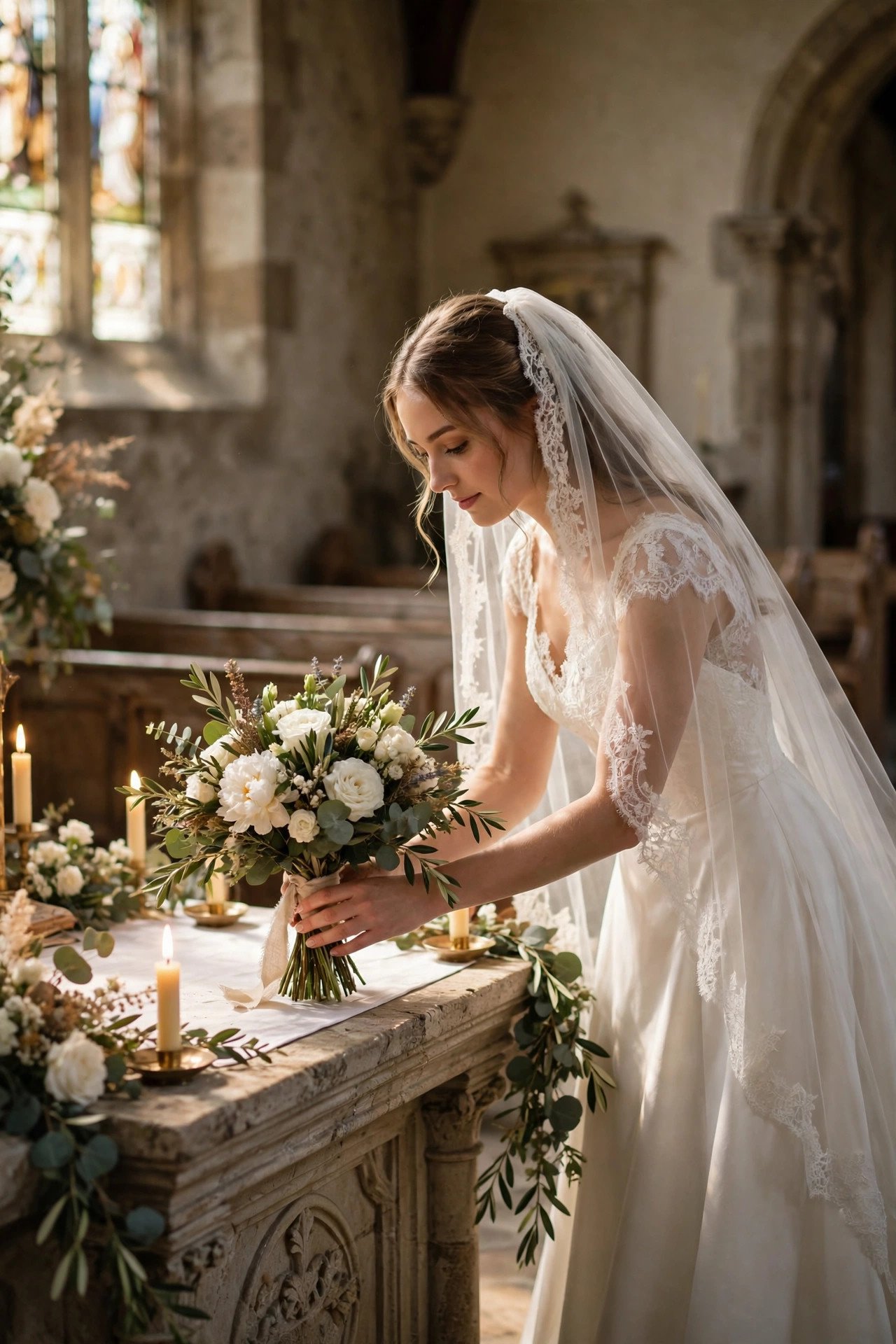 A bride placing a bouquet at the altar during her wedding Mass