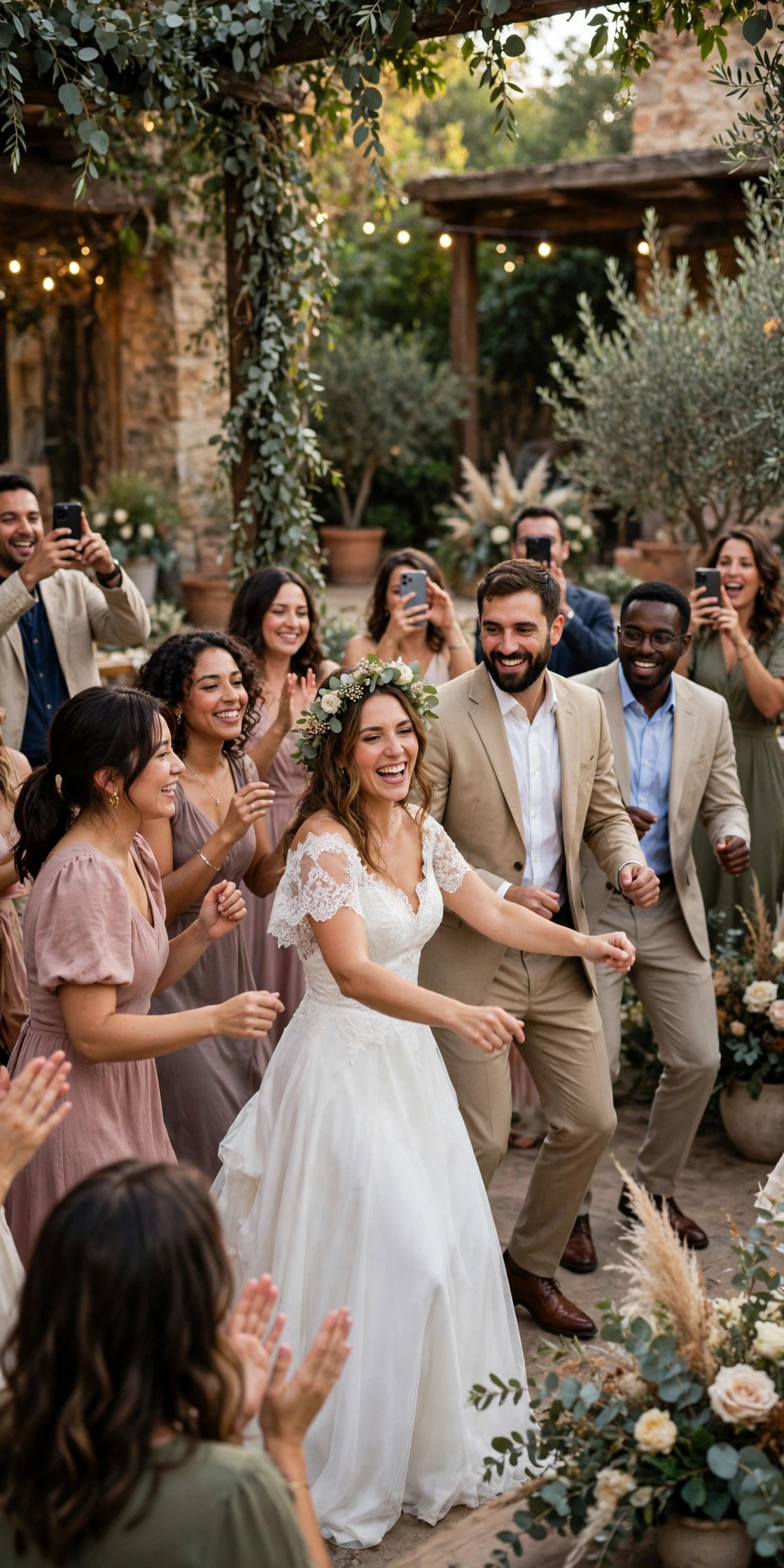A wedding party performing a surprise choreographed dance as guests film and cheer