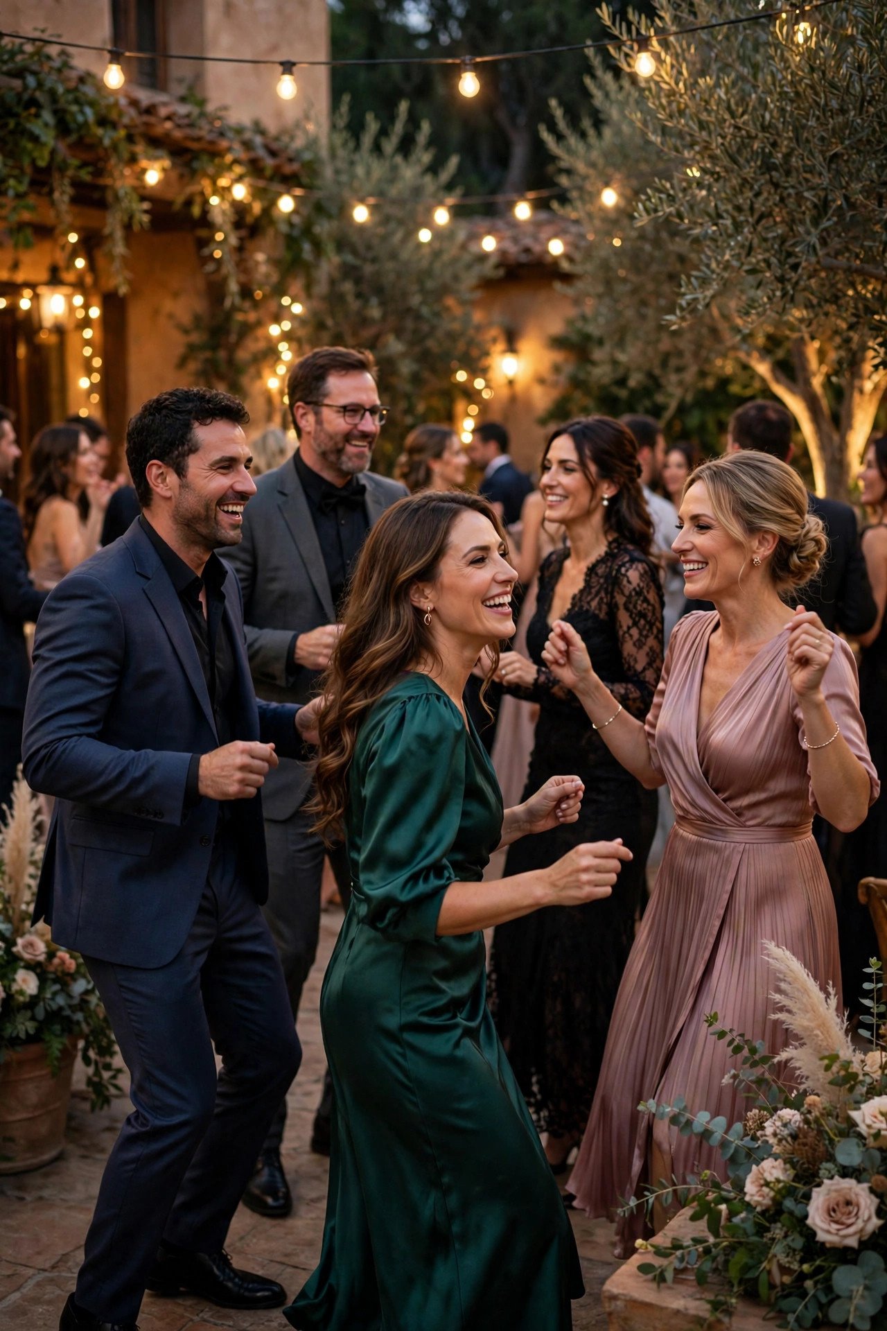 Formally dressed guests dancing late into the evening at a wedding fiesta
