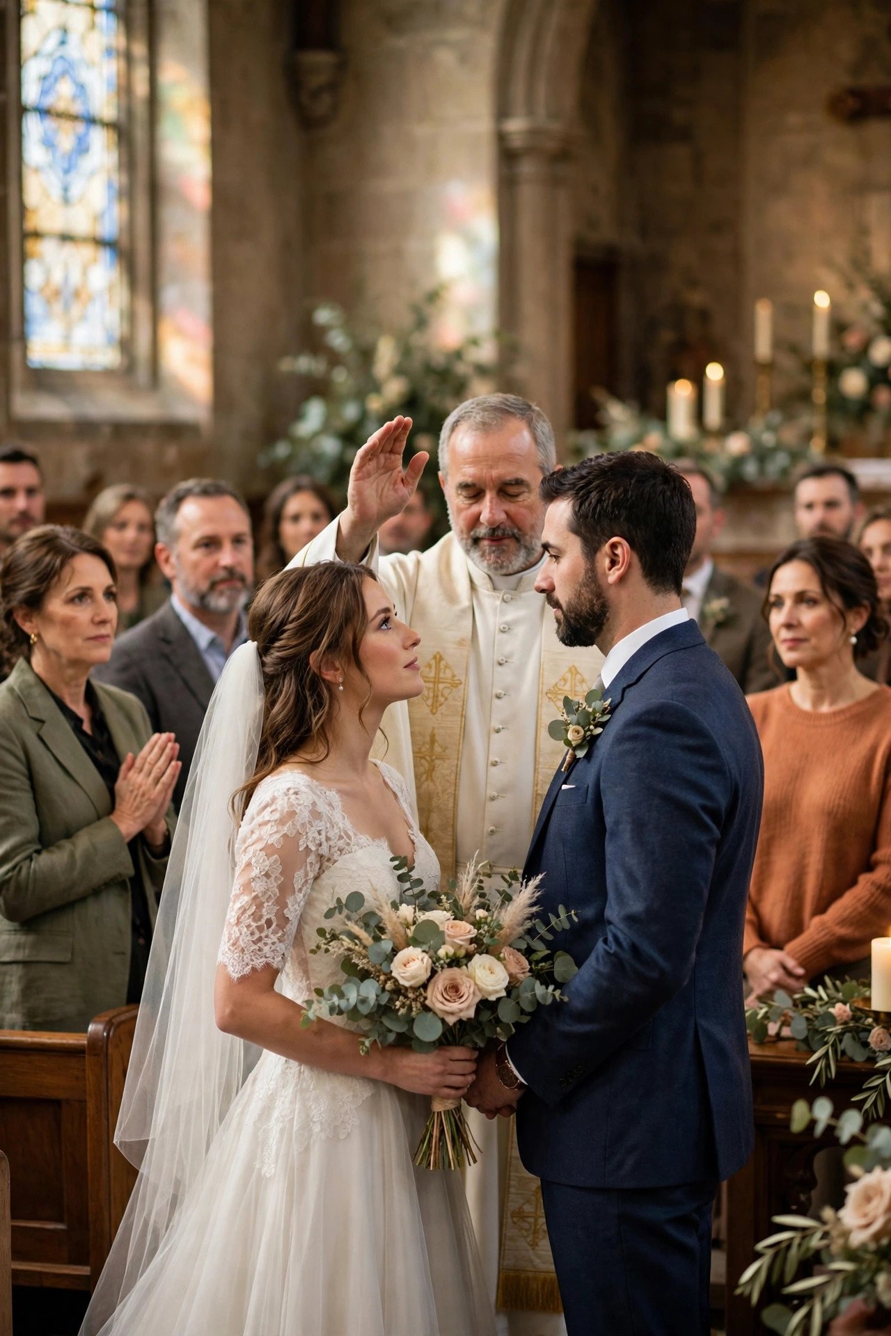 Guests watching attentively as a couple receives a blessing during Mass