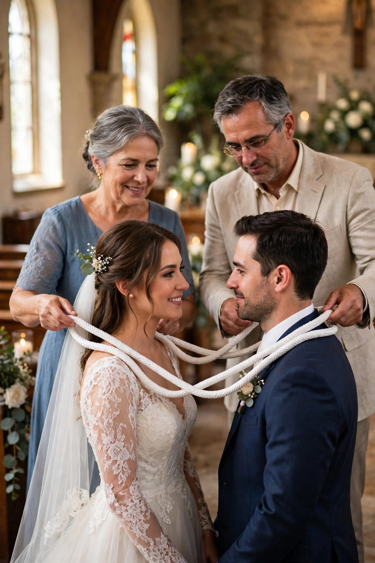 Sponsors draping a white cord in a figure eight over a couple's shoulders in church