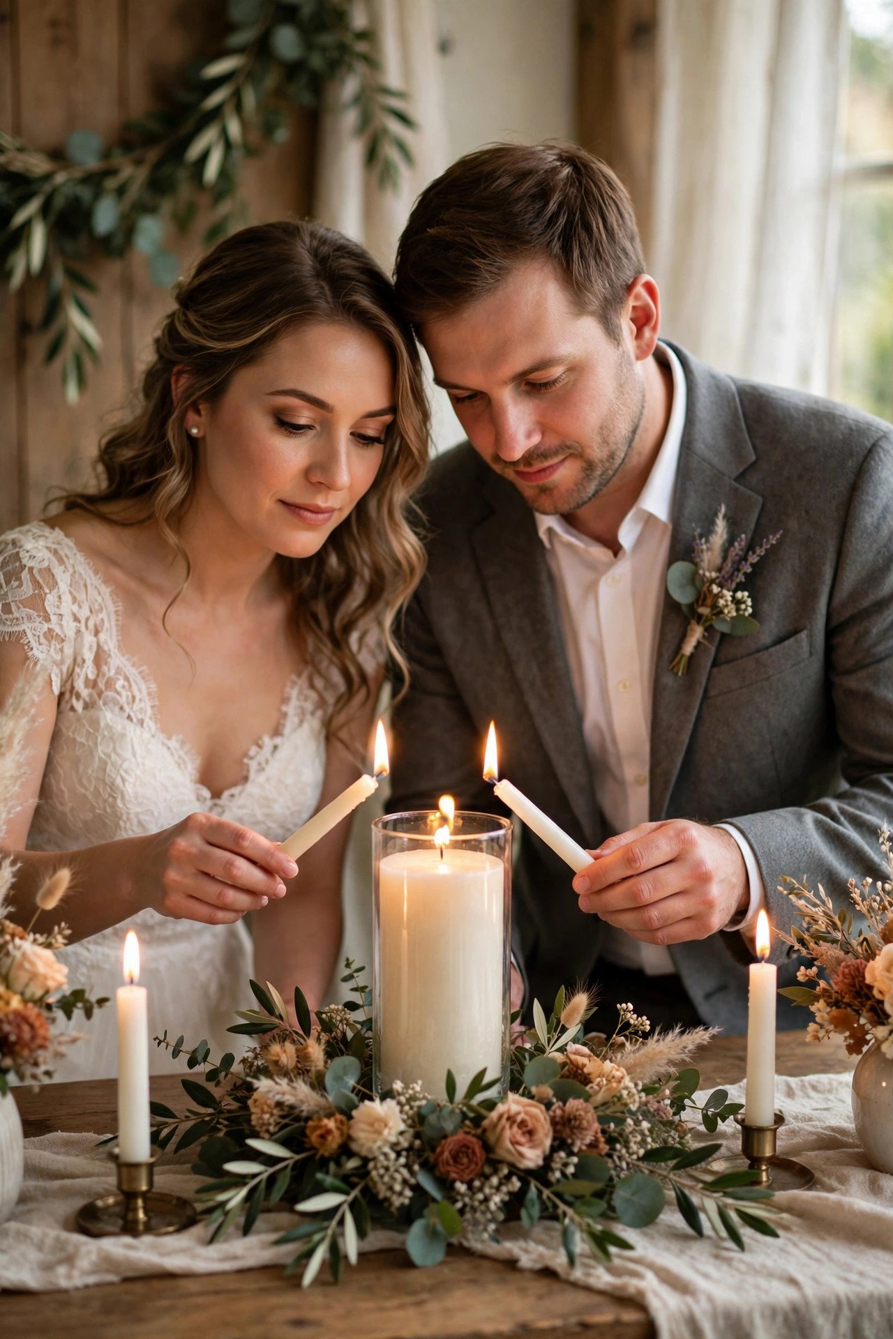A couple lighting a large unity candle from two family candles